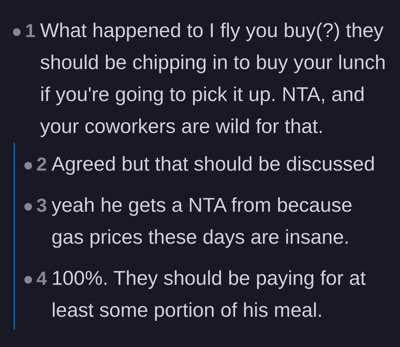 Comment thread 5 - Commenters discussing the 'I fly, you buy' rule and arguing the team should actually be pooling money to pay for his lunch.