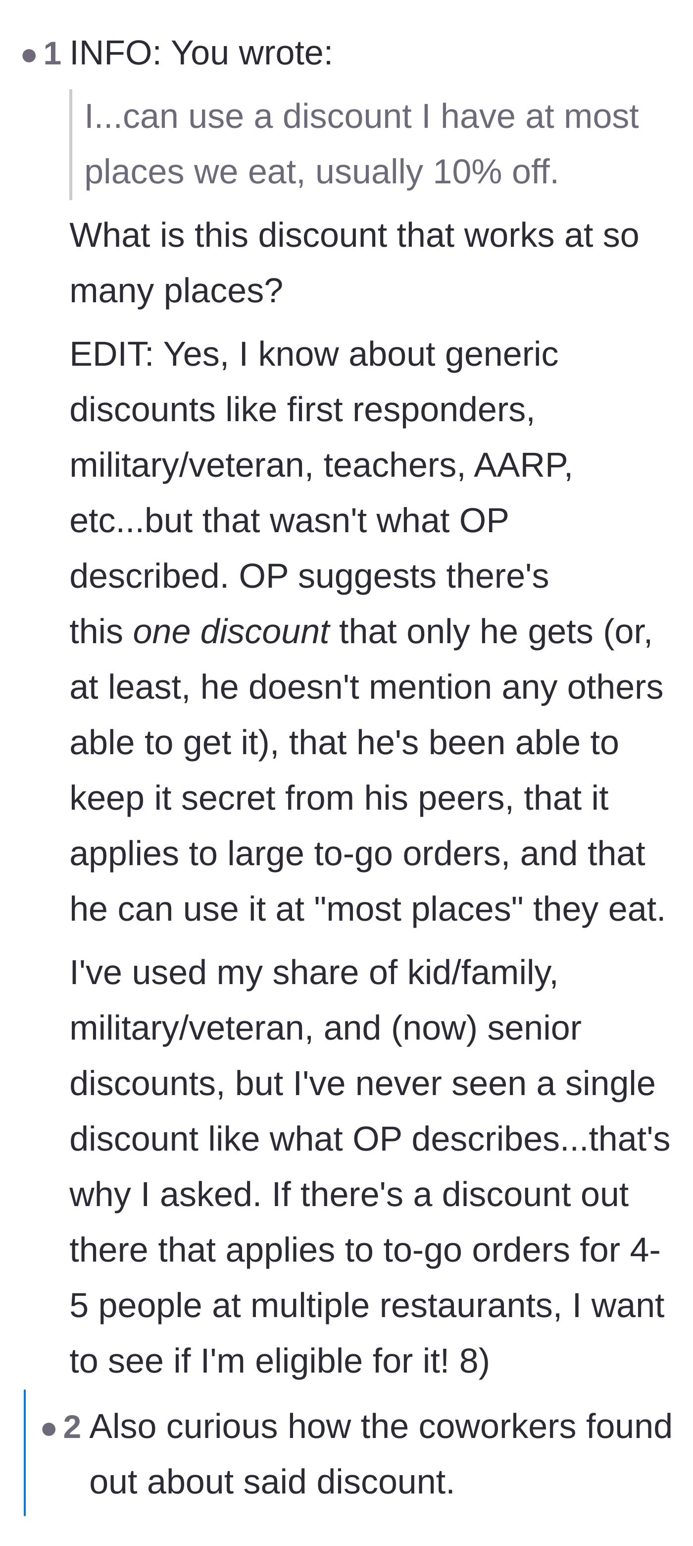 Comment thread 6 - A thread analyzing the logistics of the 10% discount and speculating that it might be a military or veteran perk.