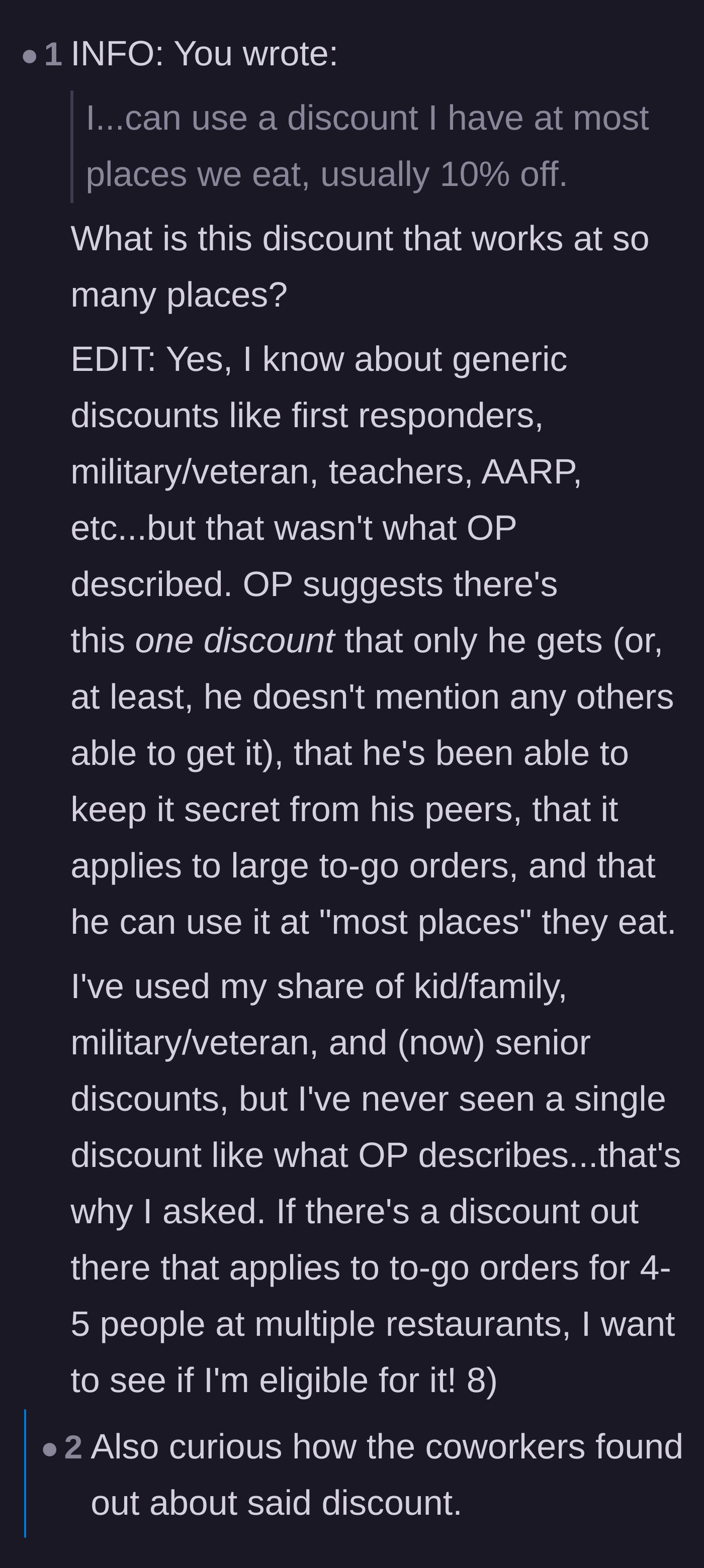 Comment thread 6 - A thread analyzing the logistics of the 10% discount and speculating that it might be a military or veteran perk.
