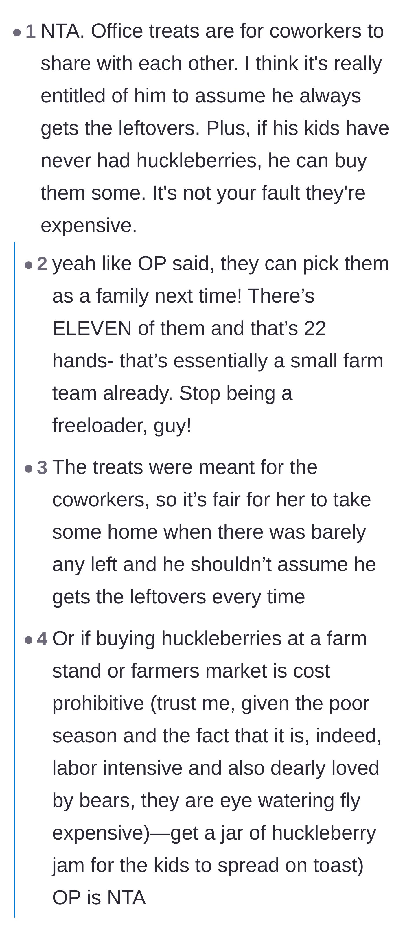 Comment thread 2 - Advice suggesting the coworker use his large family as a berry-picking squad instead of freeloading.