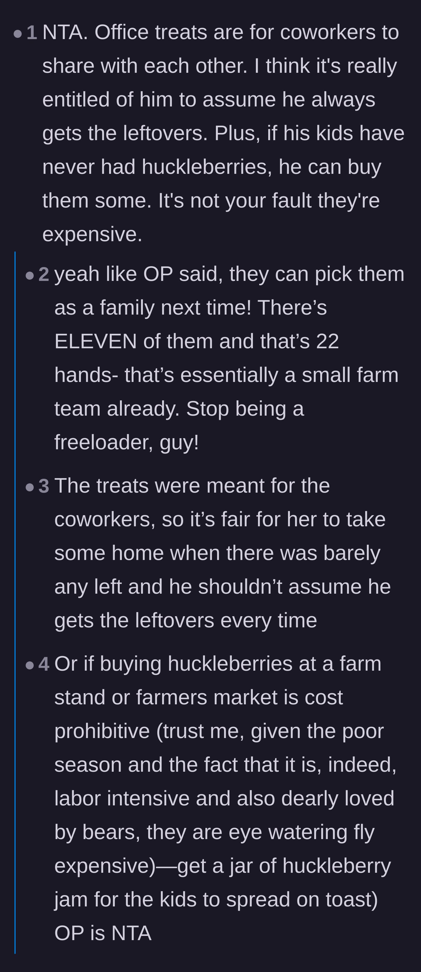 Comment thread 2 - Advice suggesting the coworker use his large family as a berry-picking squad instead of freeloading.