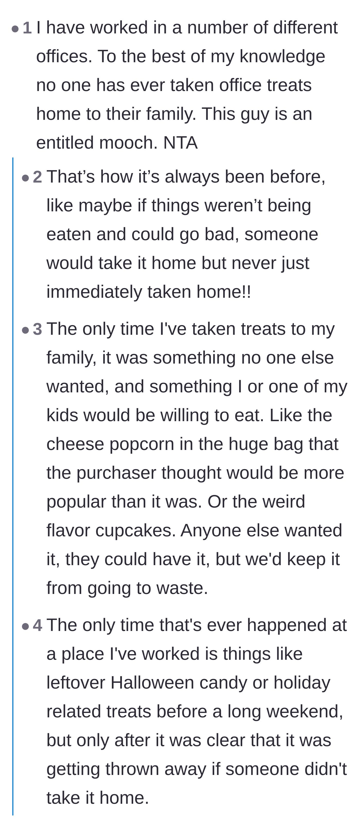 Comment thread 5 - Readers confirm the universal office rule that treats are only taken home if they are about to be thrown away.