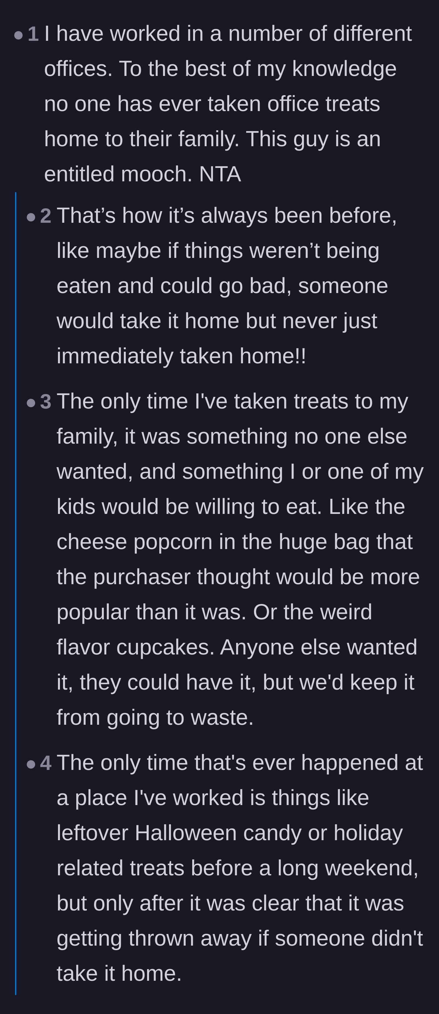 Comment thread 5 - Readers confirm the universal office rule that treats are only taken home if they are about to be thrown away.