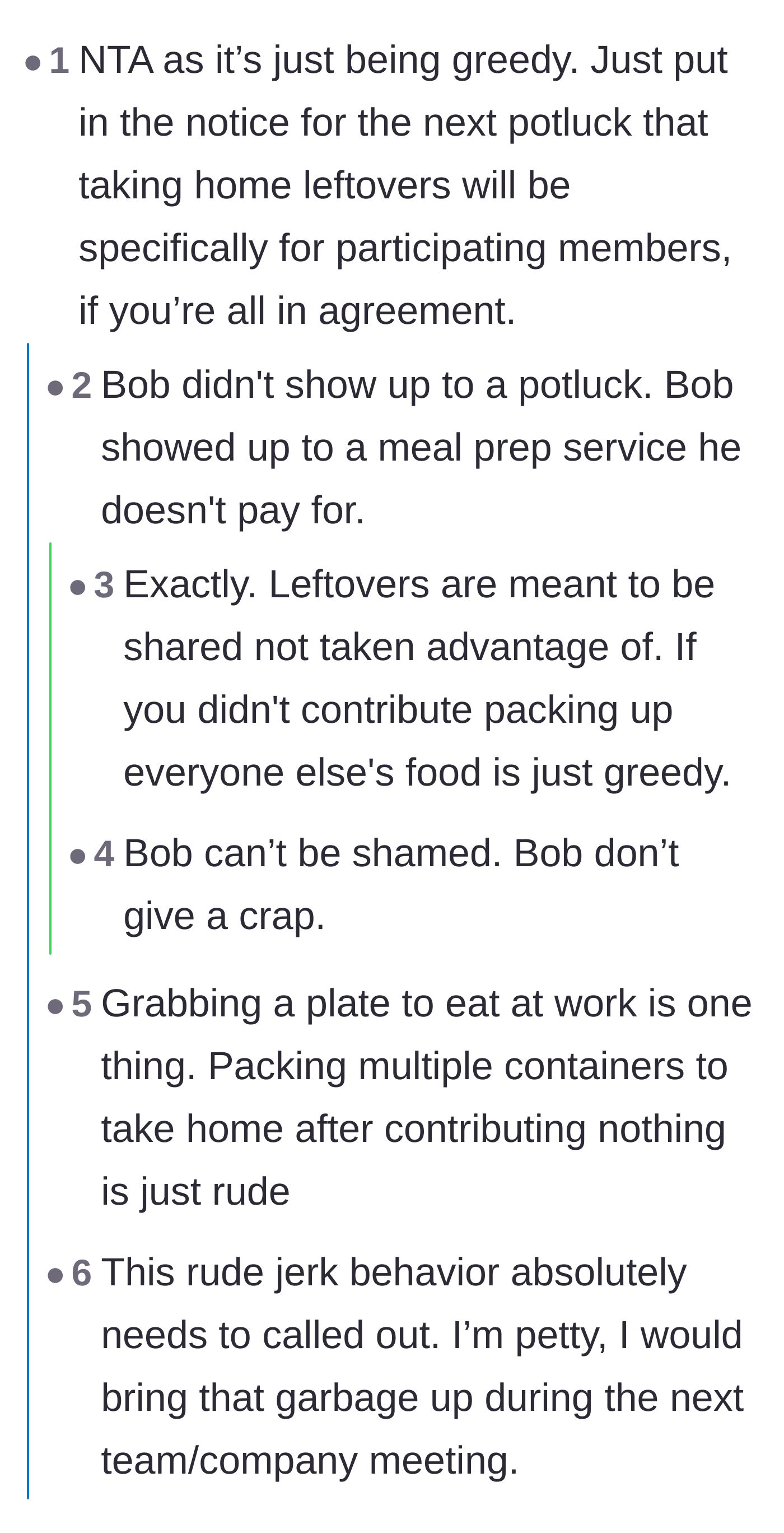 Comment thread 1 - A discussion on restricting leftovers to contributing members and treating the potluck like a free meal prep service.