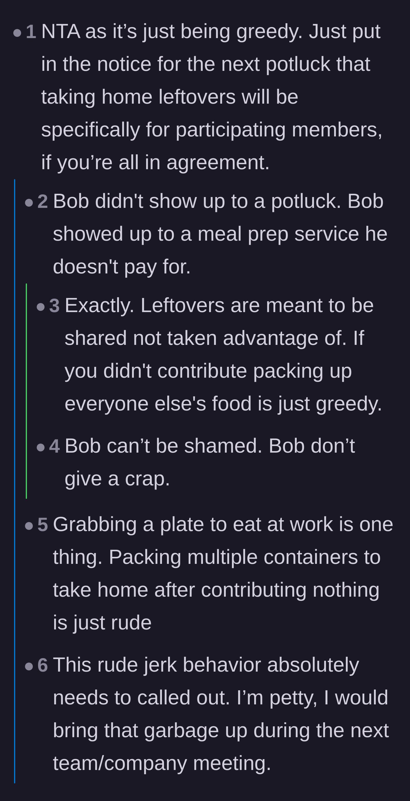 Comment thread 1 - A discussion on restricting leftovers to contributing members and treating the potluck like a free meal prep service.