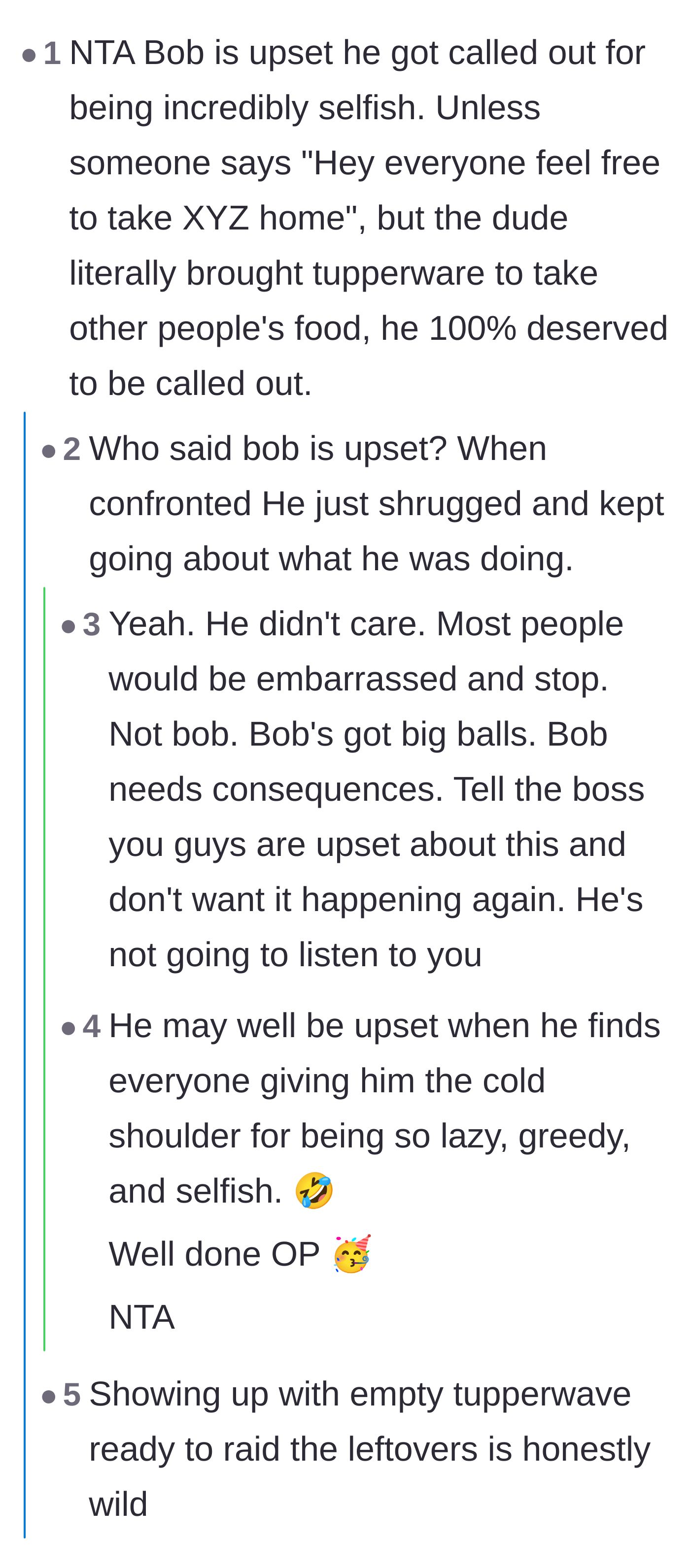 Comment thread 2 - Readers expressing disbelief at Bob's absolute lack of shame and premeditation in bringing his own containers.