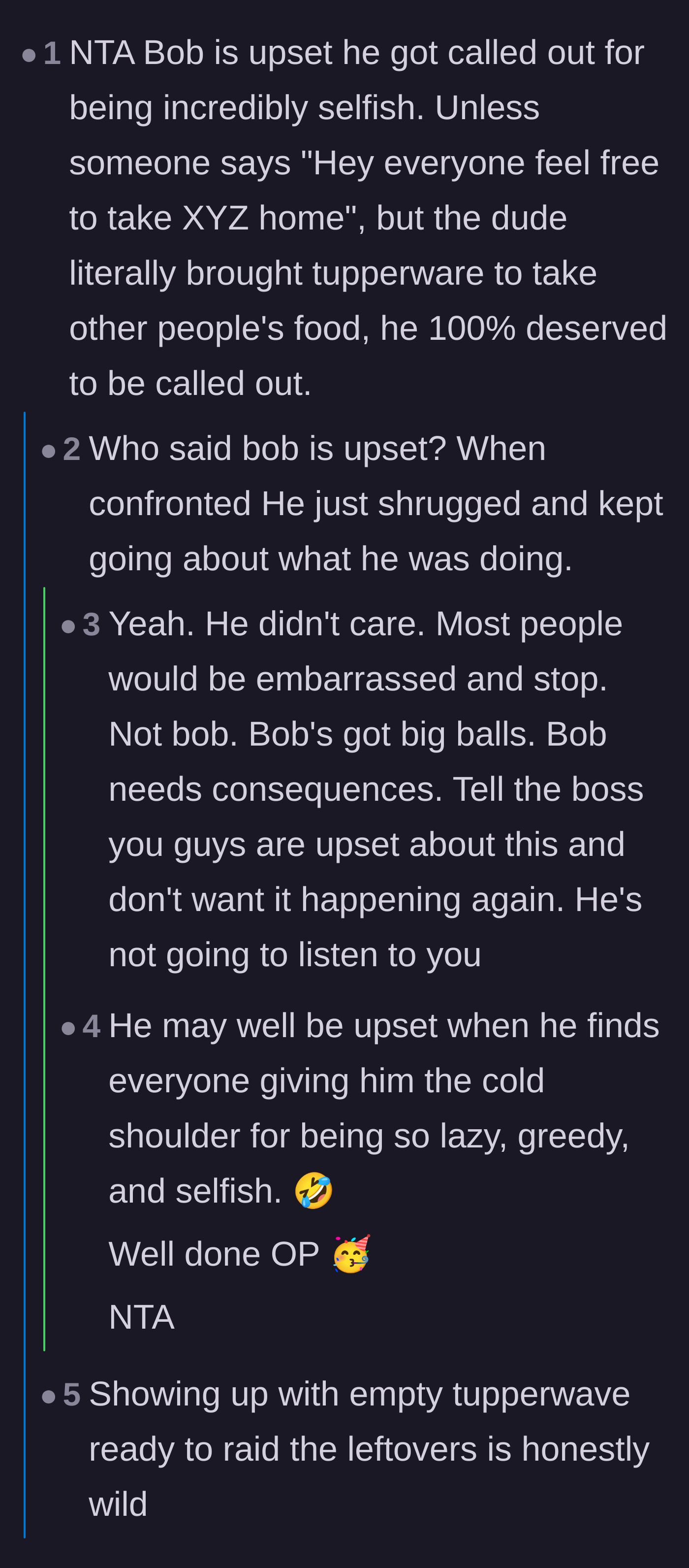 Comment thread 2 - Readers expressing disbelief at Bob's absolute lack of shame and premeditation in bringing his own containers.