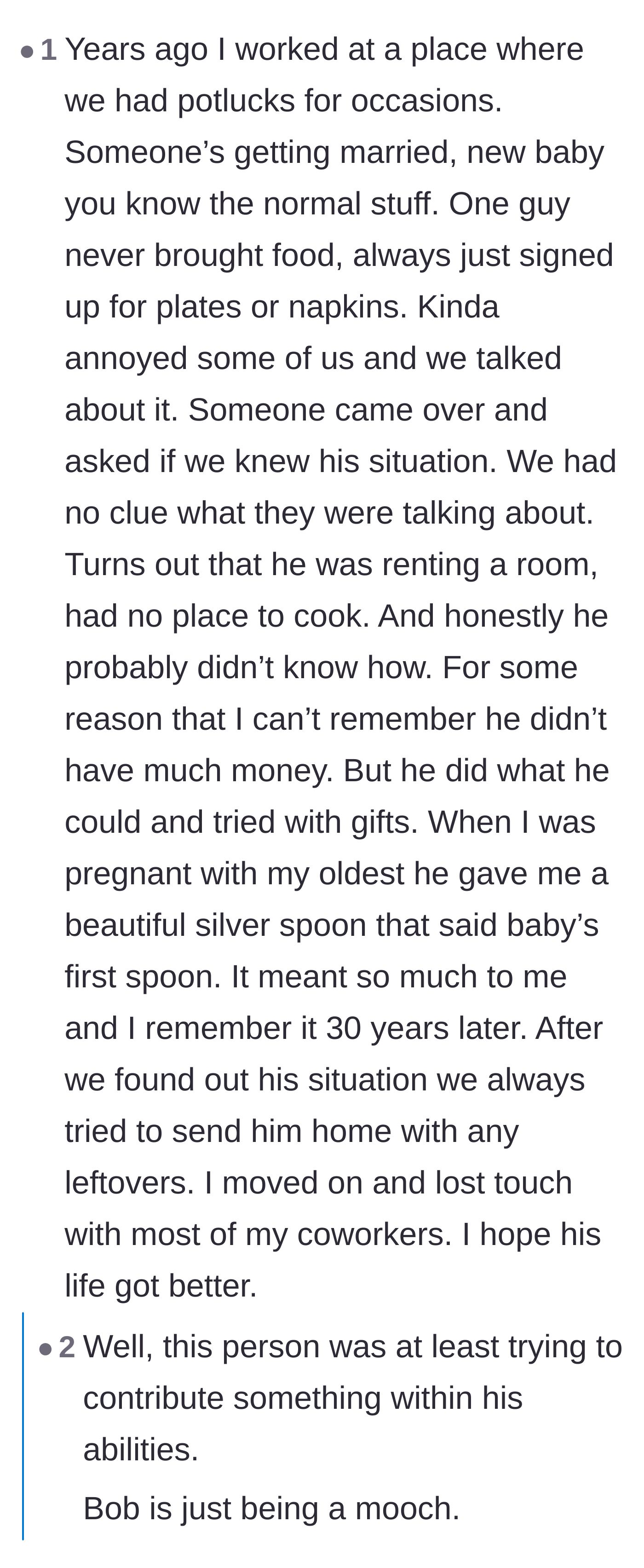 Comment thread 3 - A contrasting story about a coworker who contributed plates and napkins because they genuinely couldn't afford to cook.