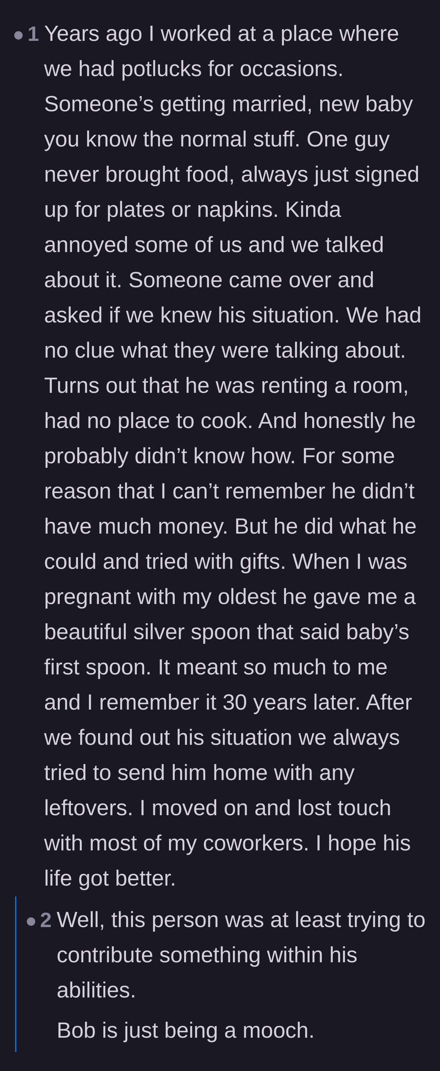Comment thread 3 - A contrasting story about a coworker who contributed plates and napkins because they genuinely couldn't afford to cook.