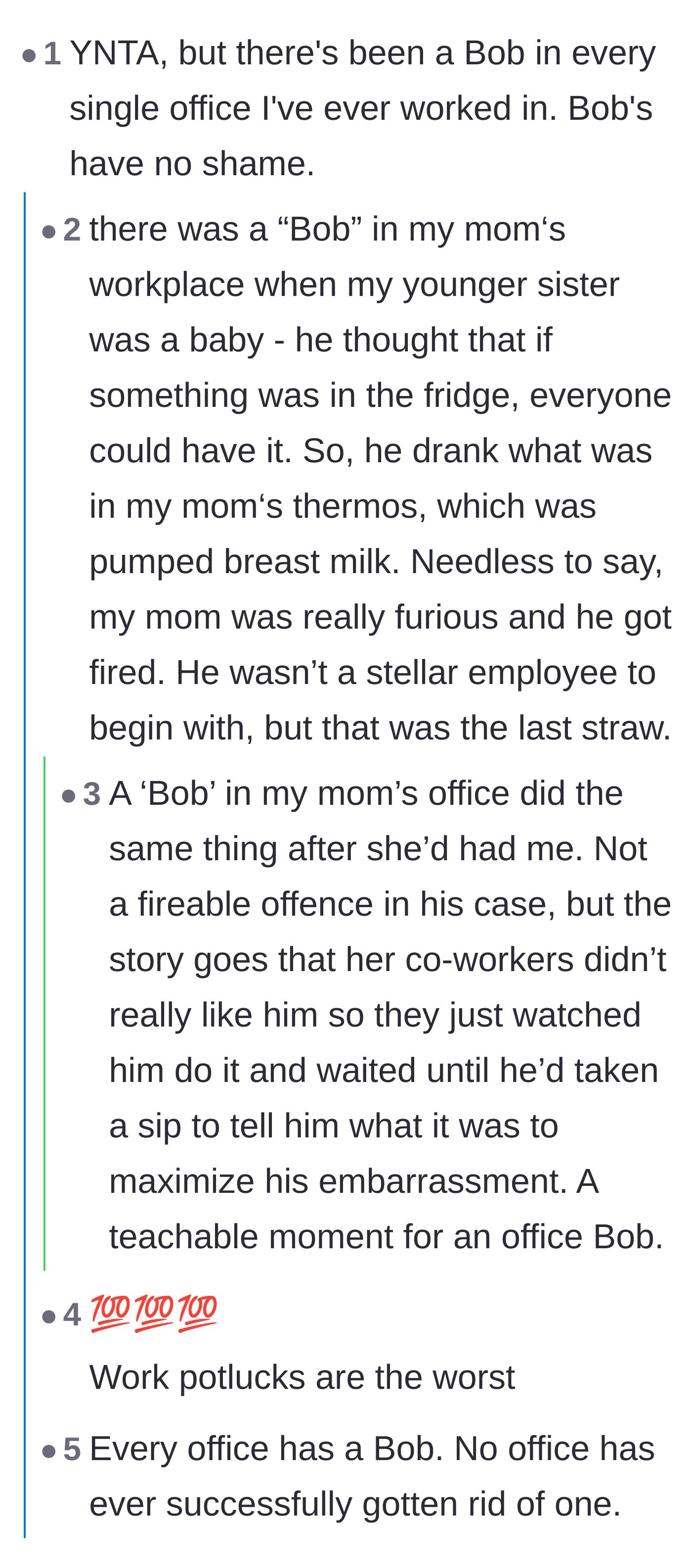 Comment thread 4 - Commiseration over how every office has a 'Bob,' including a horrifying story about a coworker stealing pumped breast milk.