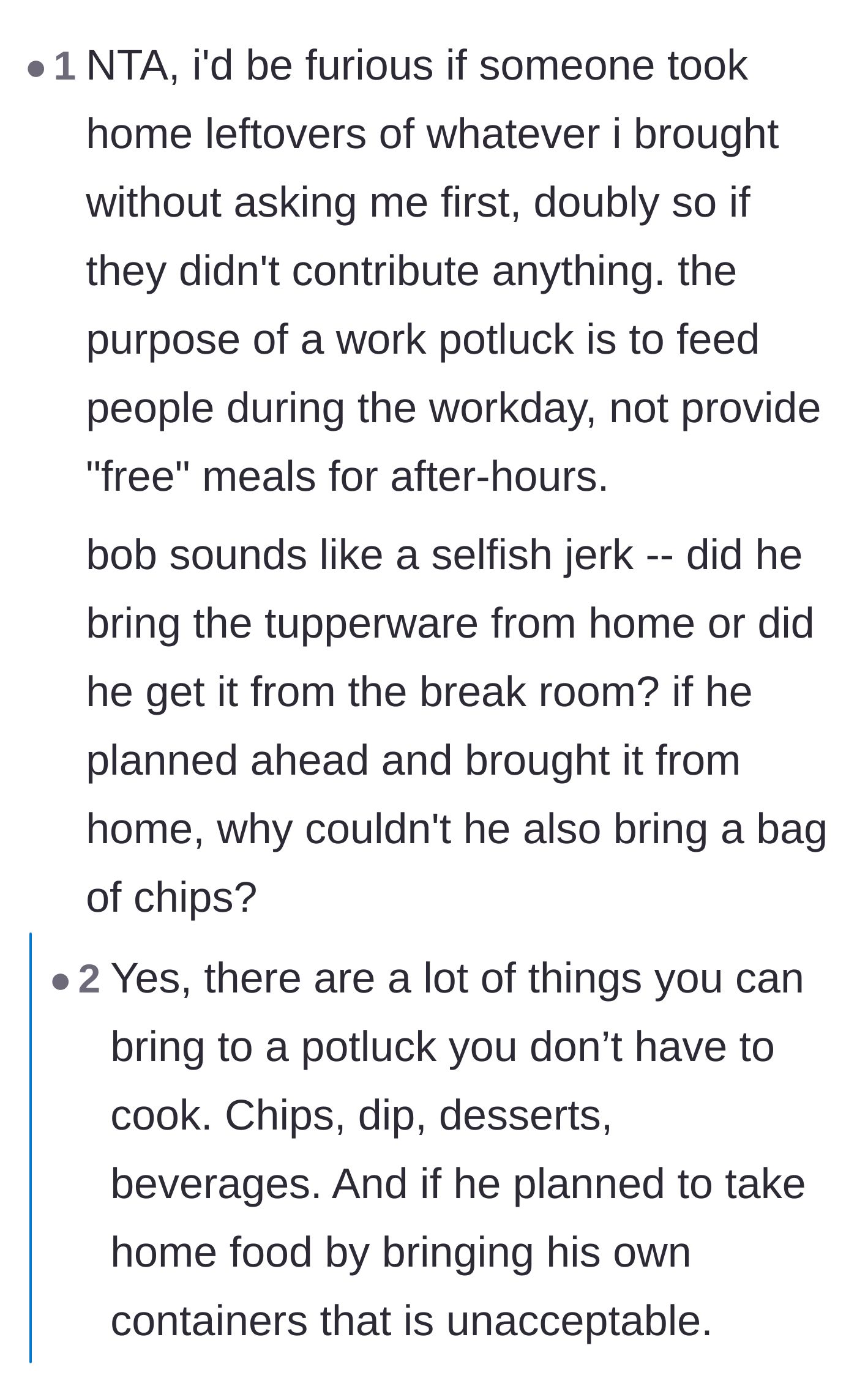 Comment thread 5 - Pointing out the logical flaw of remembering to bring storage containers but conveniently forgetting to bring a cheap bag of chips.