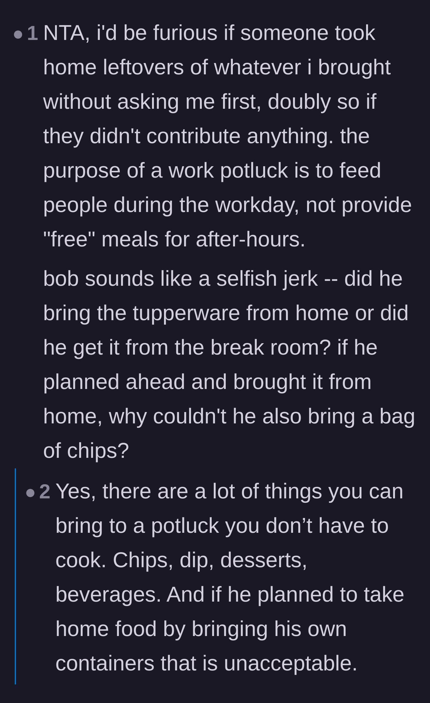 Comment thread 5 - Pointing out the logical flaw of remembering to bring storage containers but conveniently forgetting to bring a cheap bag of chips.