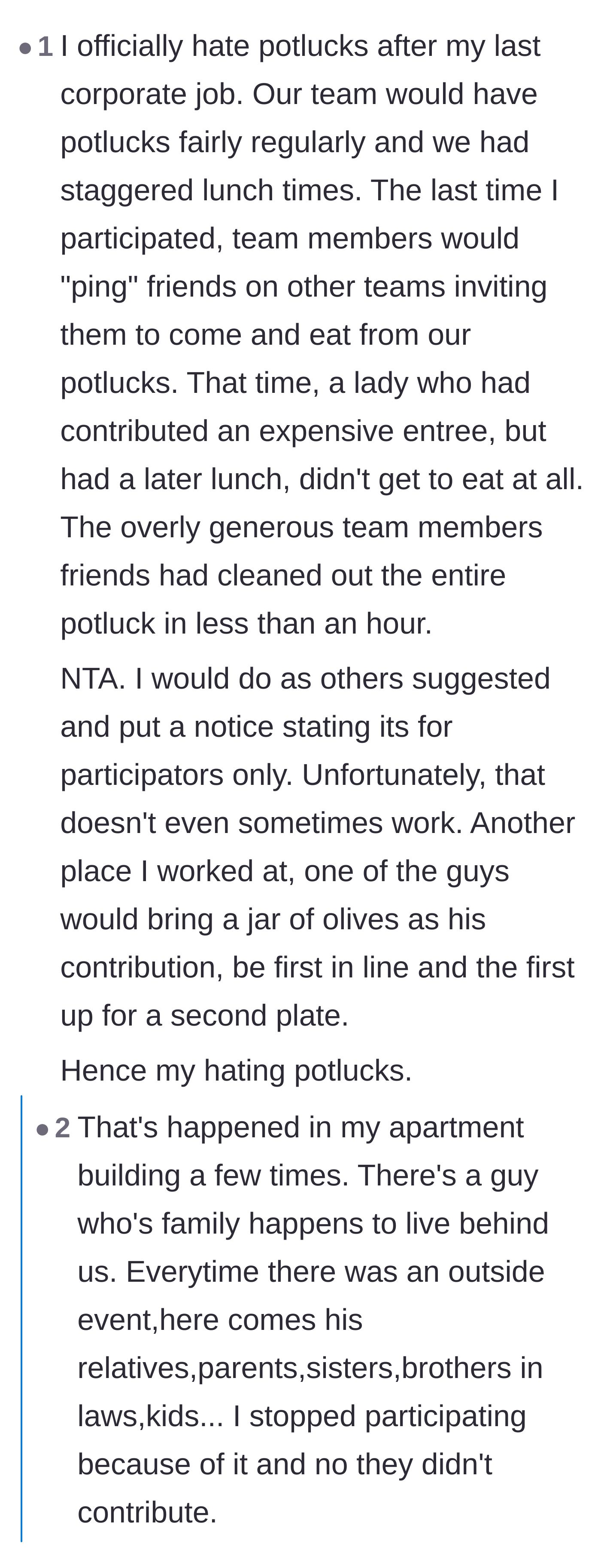 Comment thread 6 - Venting about why office potlucks are terrible, featuring stories of people bringing a jar of olives to feast on expensive entrees.