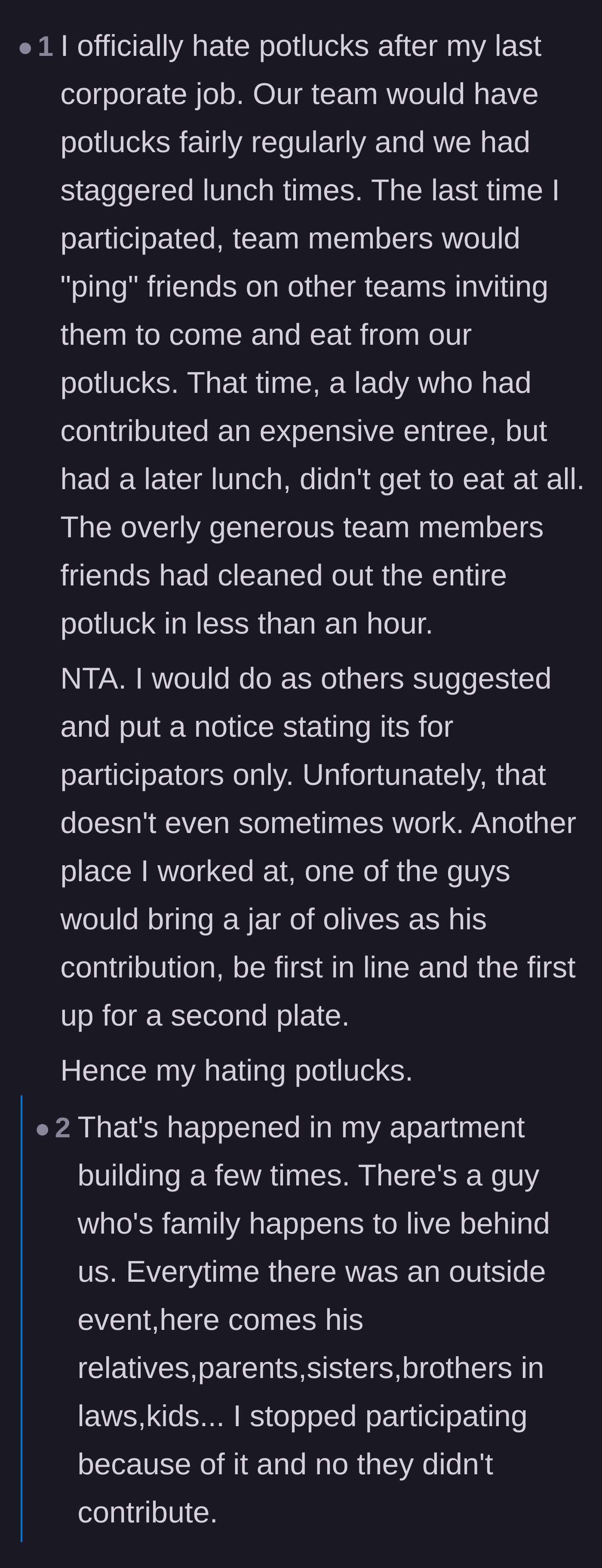 Comment thread 6 - Venting about why office potlucks are terrible, featuring stories of people bringing a jar of olives to feast on expensive entrees.