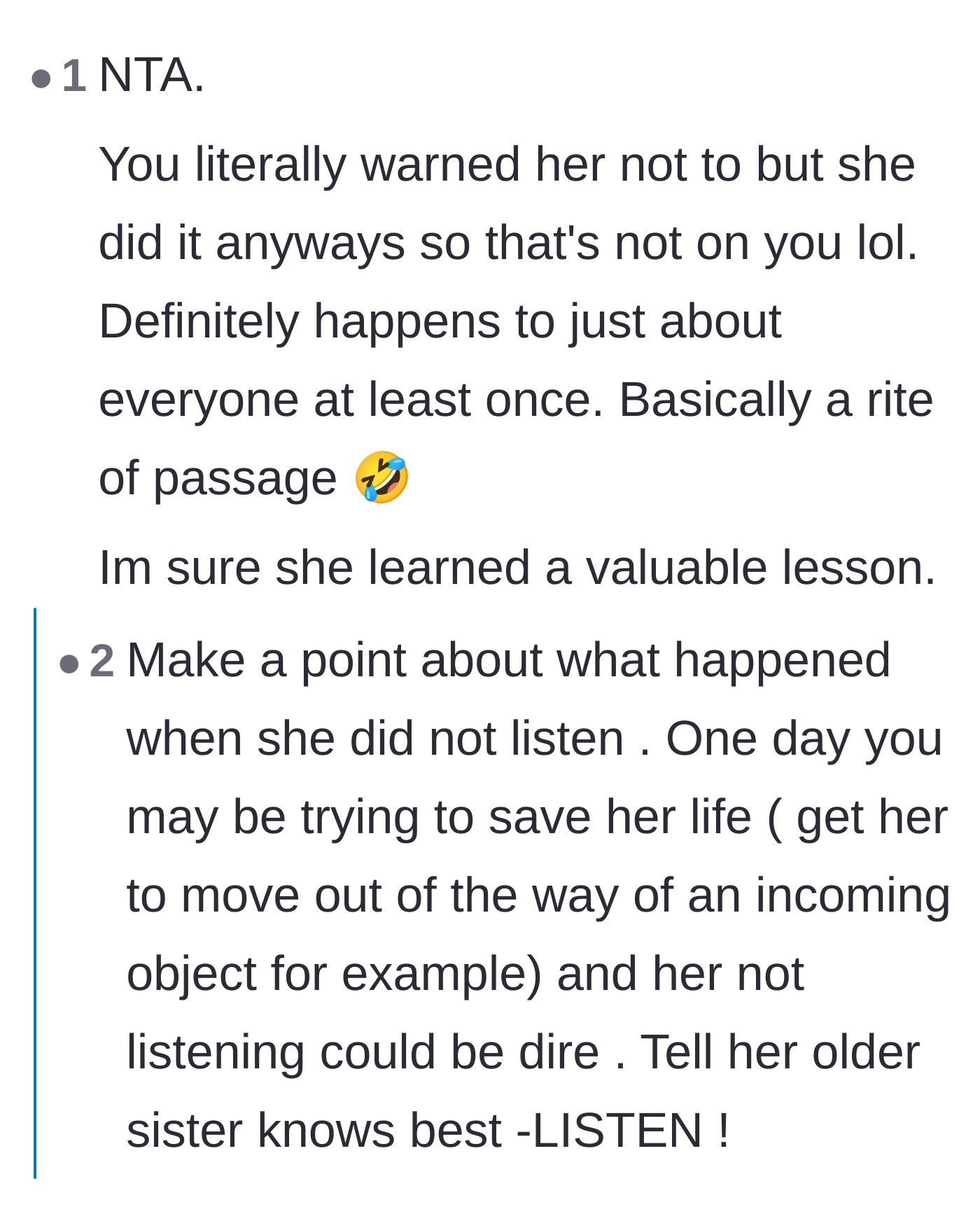 Comment thread 3 - A commenter validating the older sister for trying to warn her sibling beforehand