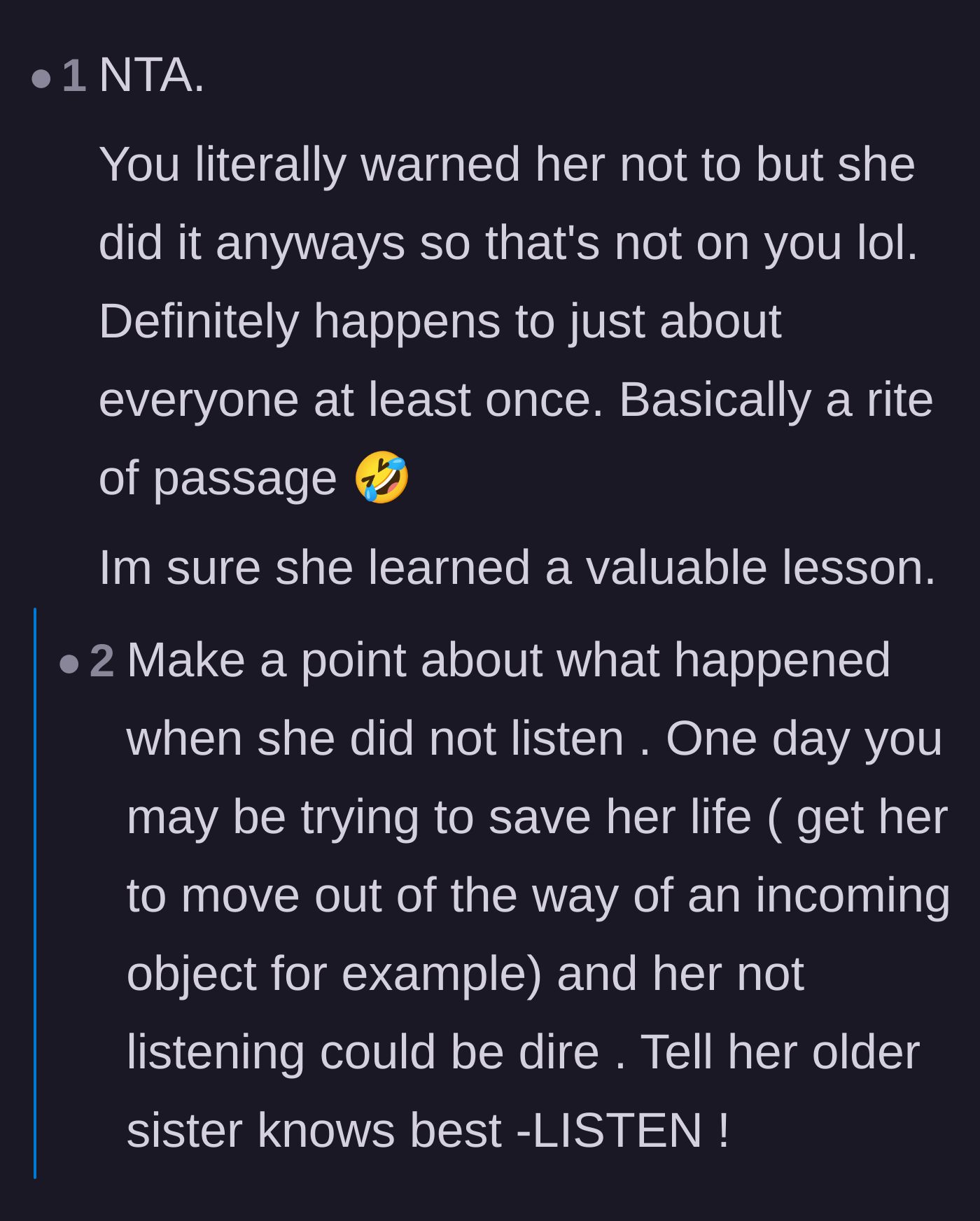 Comment thread 3 - A commenter validating the older sister for trying to warn her sibling beforehand