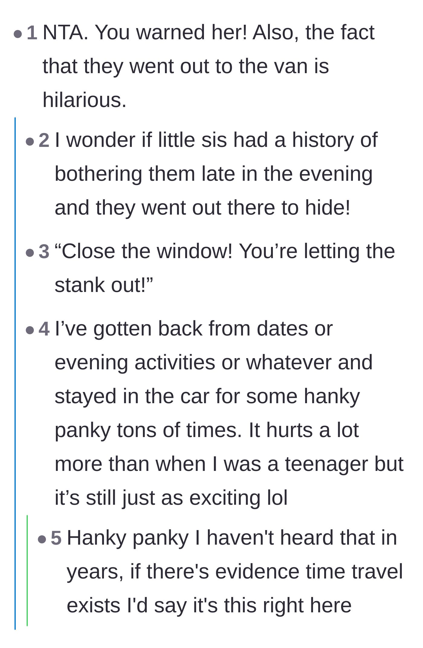 Comment thread 4 - Commenters joking about the parents sneaking out to the van to hide from their nosy kids