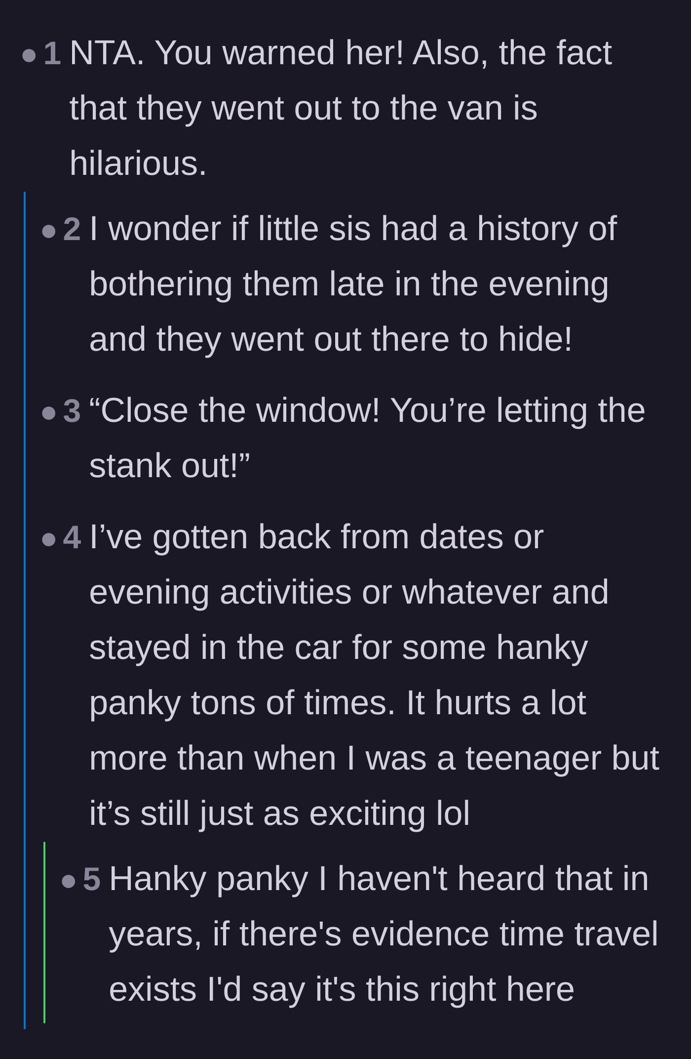Comment thread 4 - Commenters joking about the parents sneaking out to the van to hide from their nosy kids