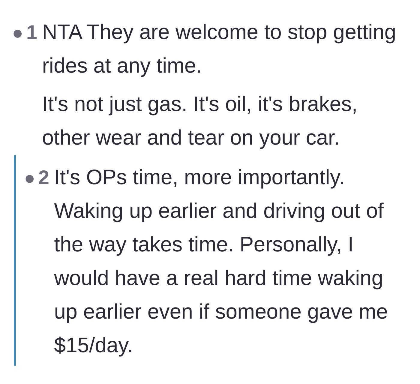 Comment thread 1 - Debate over the hidden costs of driving, including time, wear and tear, and morning stress.