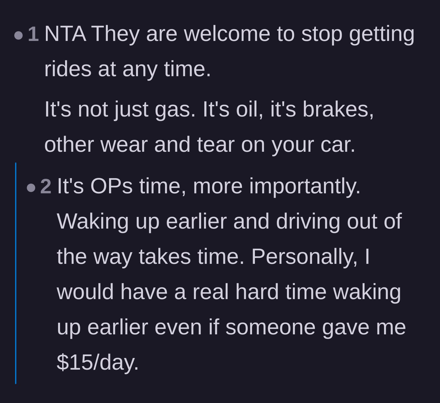 Comment thread 1 - Debate over the hidden costs of driving, including time, wear and tear, and morning stress.