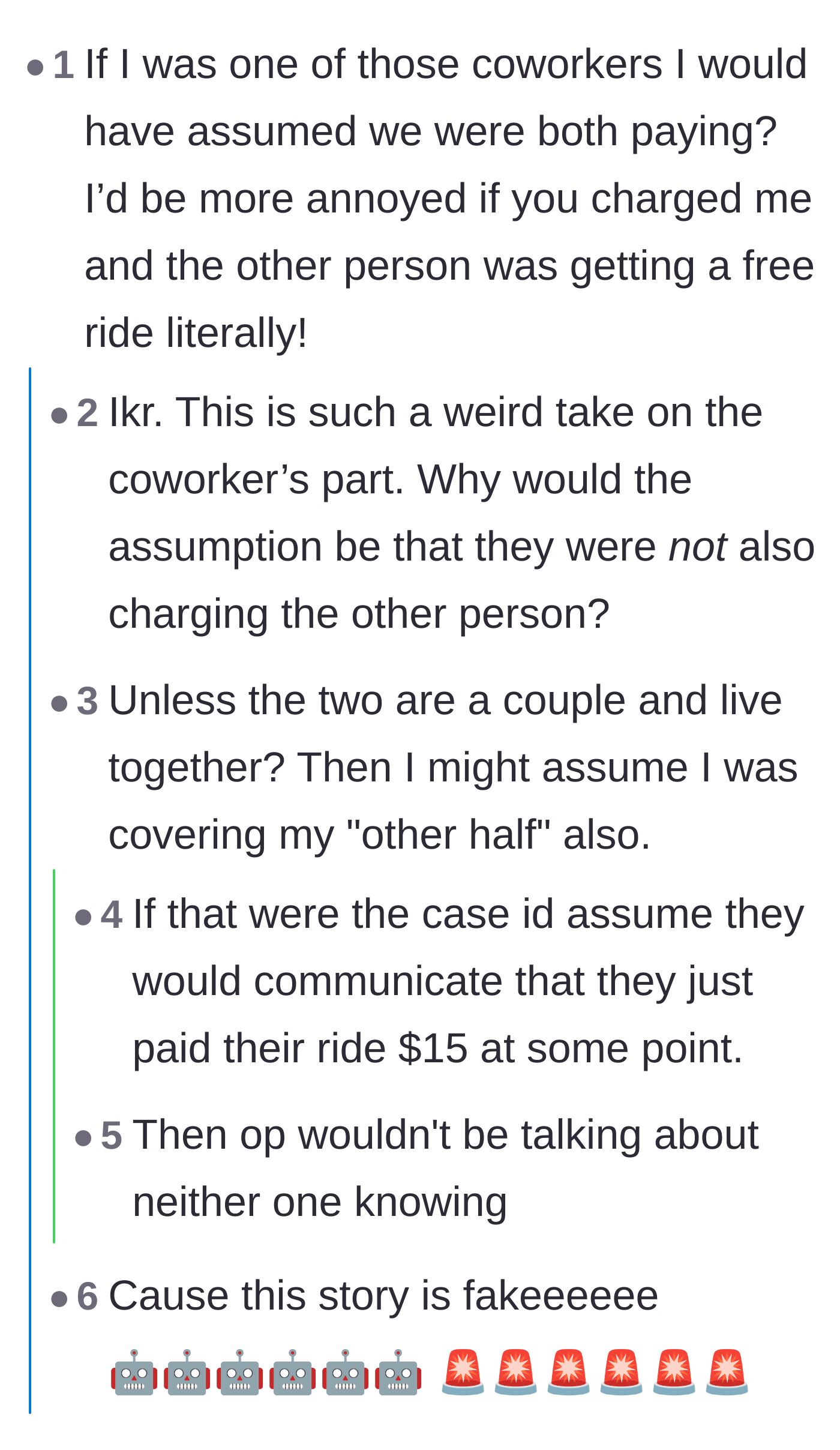 Comment thread 2 - Discussion on the bizarre assumption that only one passenger was being charged for the commute.