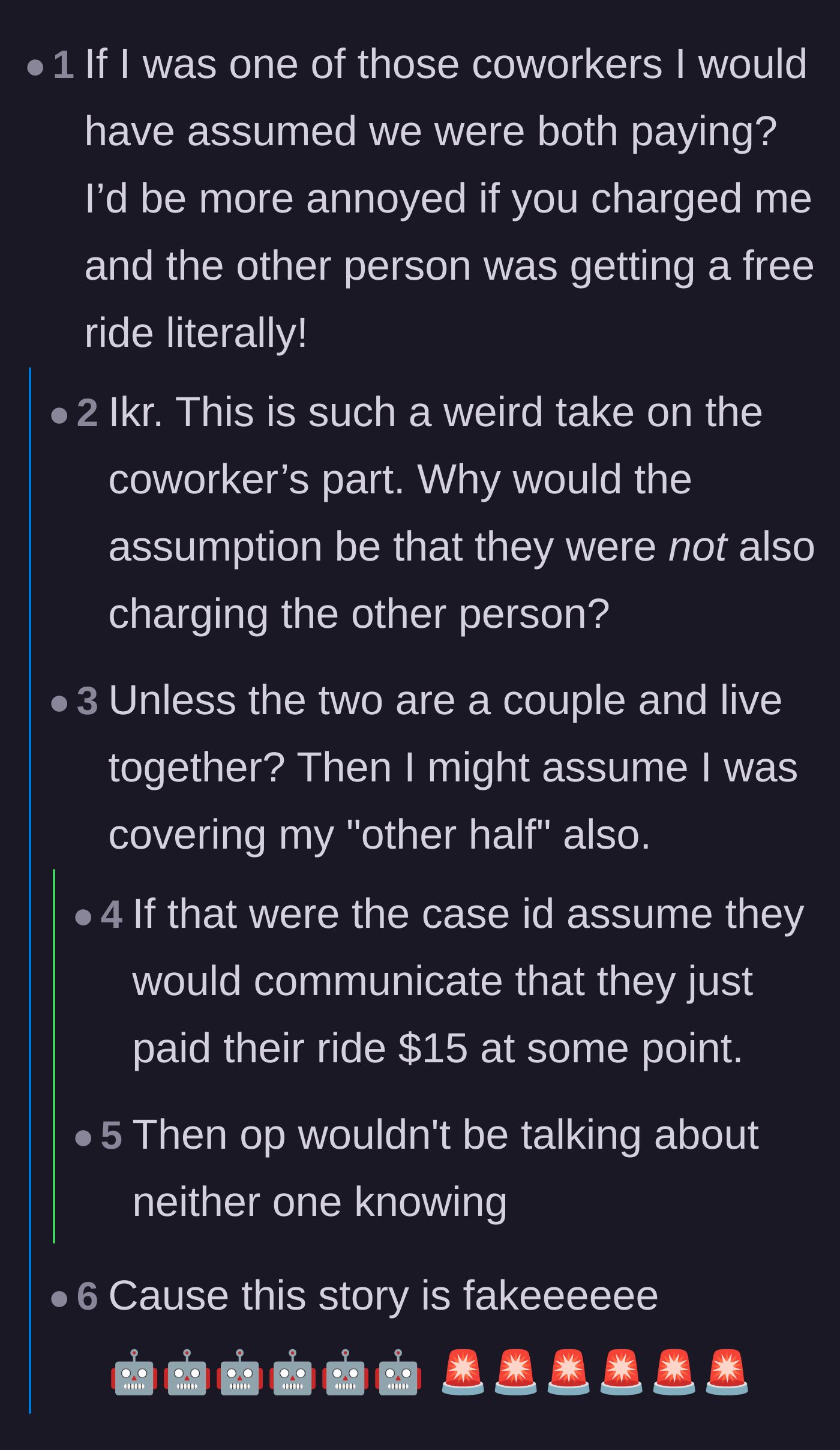 Comment thread 2 - Discussion on the bizarre assumption that only one passenger was being charged for the commute.