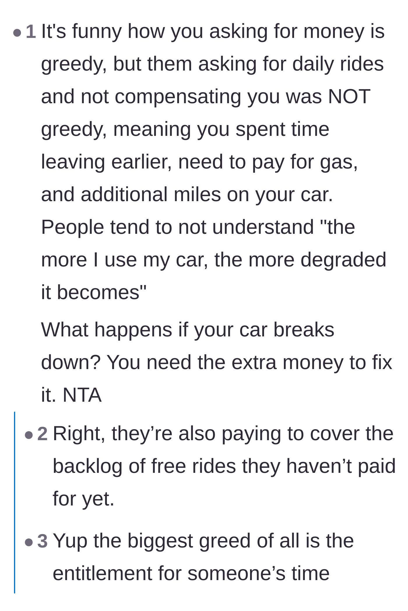 Comment thread 3 - Highlighting the hypocrisy of the coworkers demanding free rides while calling the driver greedy.