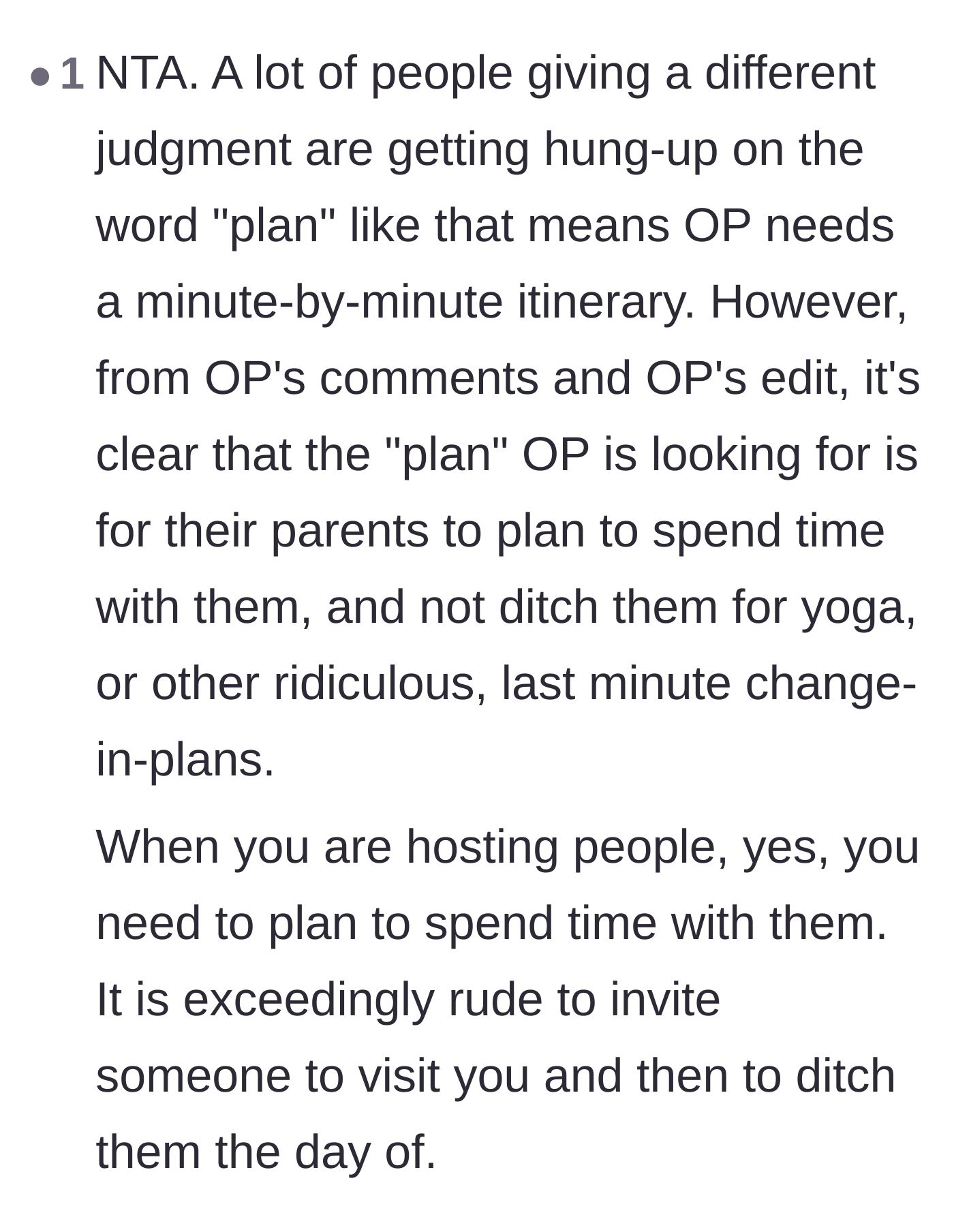 Comment thread 1 - A reader clarifying that the author's request for a plan simply means wanting her parents to actually spend time with her.