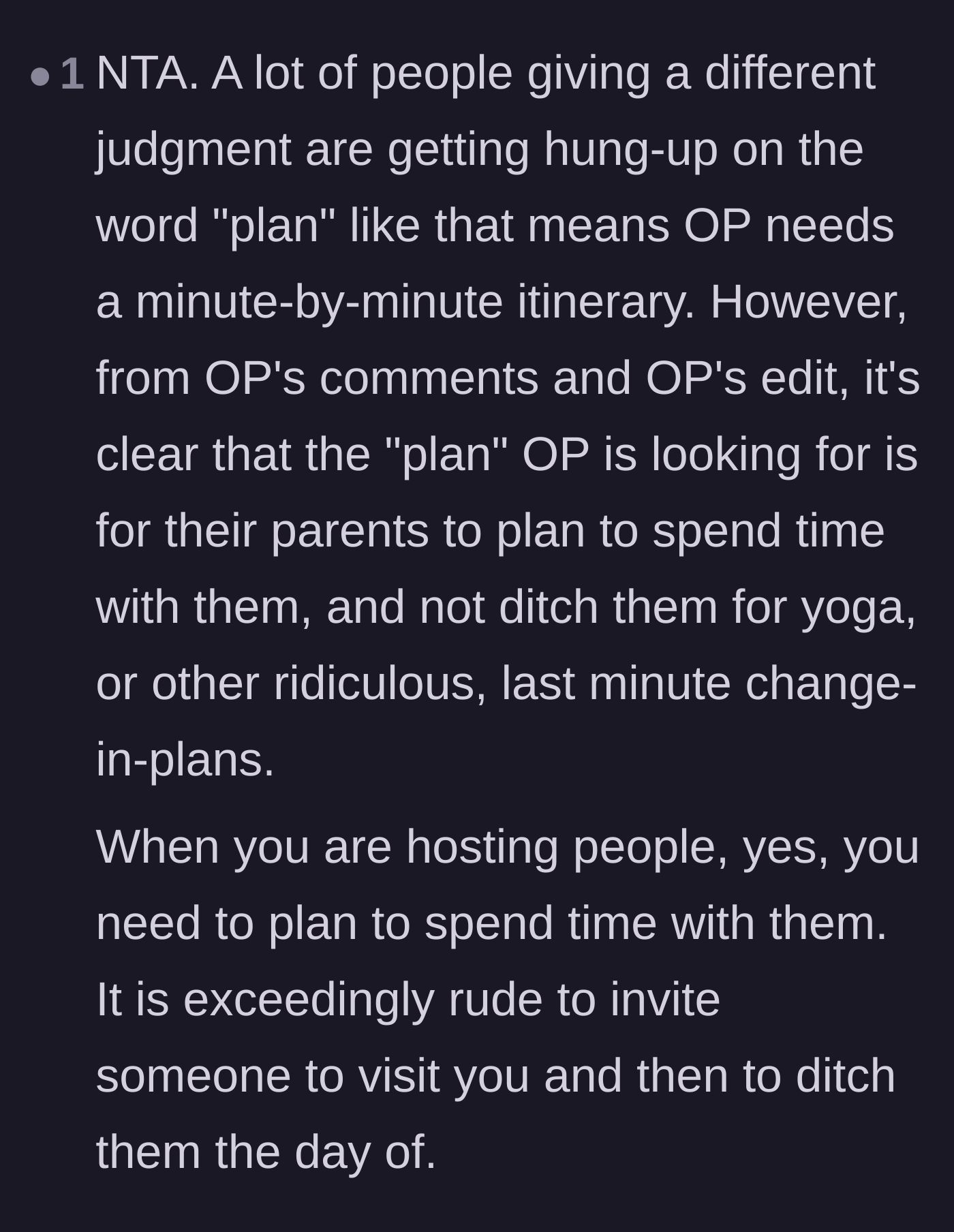Comment thread 1 - A reader clarifying that the author's request for a plan simply means wanting her parents to actually spend time with her.