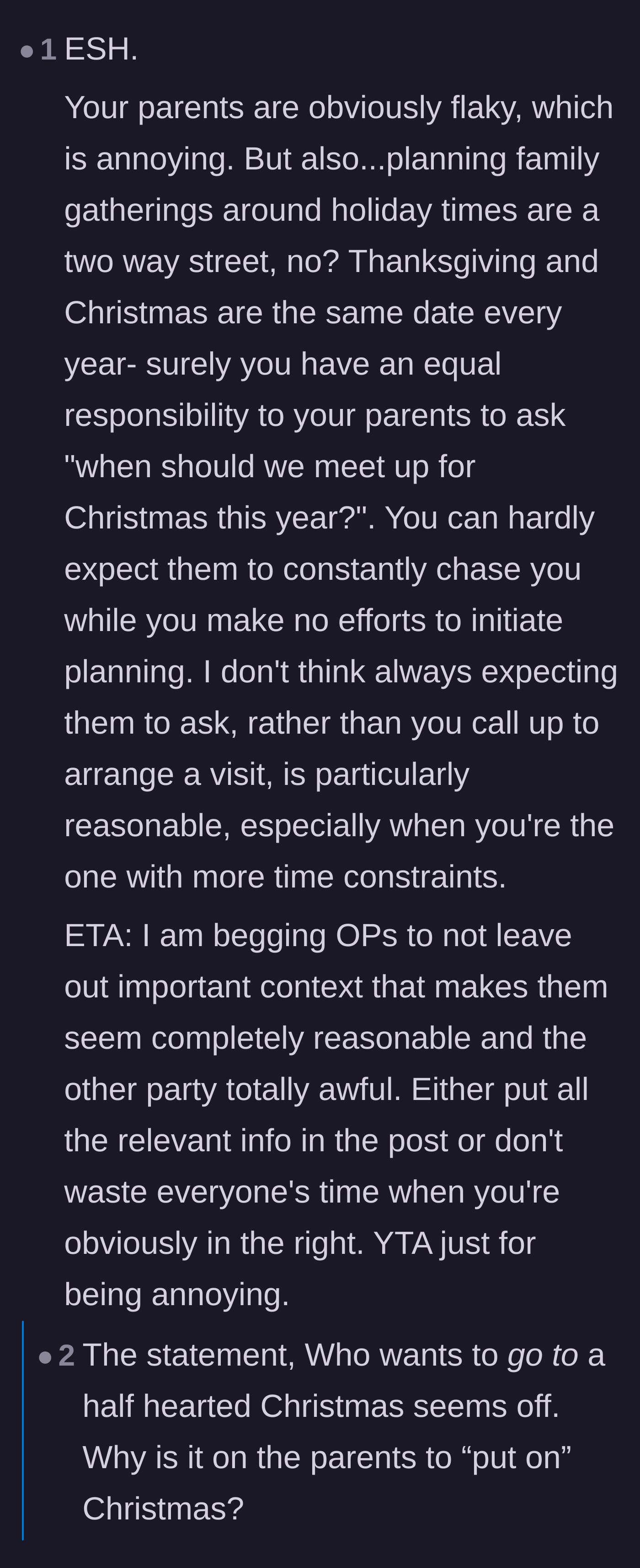 Comment thread 2 - A debate where the author reveals a shocking detail about her parents abandoning her on Christmas for opera tickets.