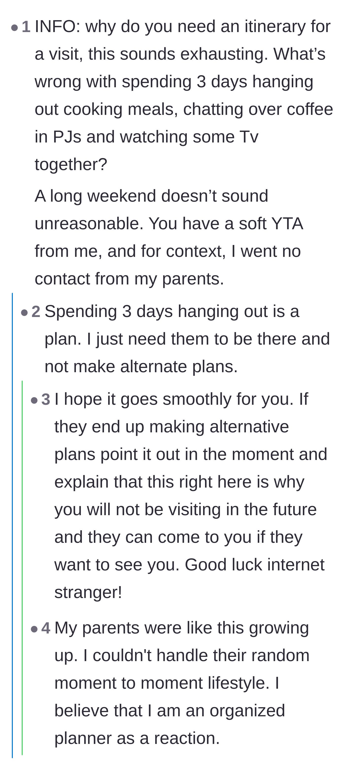 Comment thread 3 - Readers discussing how growing up with chaotic, unpredictable parents turns children into highly structured planners.