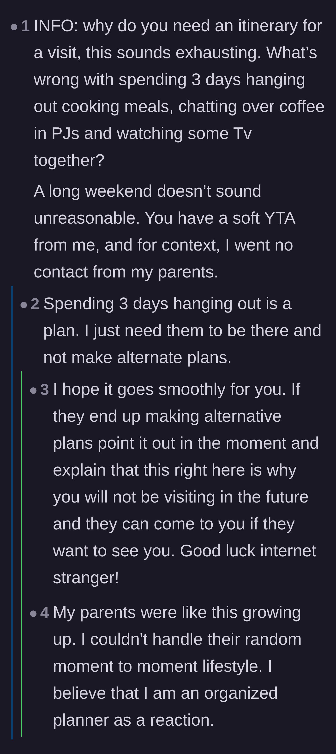 Comment thread 3 - Readers discussing how growing up with chaotic, unpredictable parents turns children into highly structured planners.