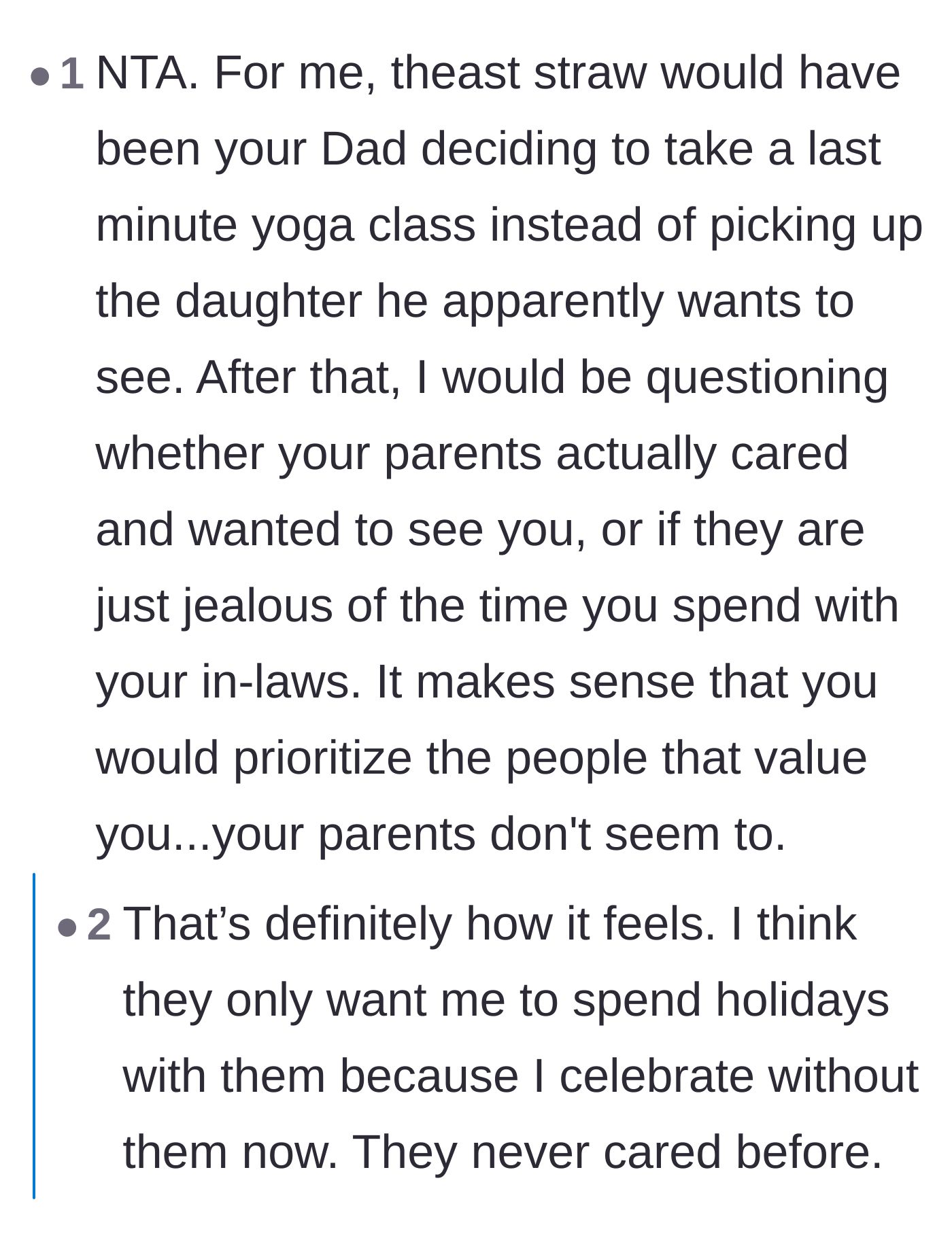 Comment thread 5 - A reader pointing out that the parents' sudden interest is likely just jealousy over the in-laws' relationship with the author.