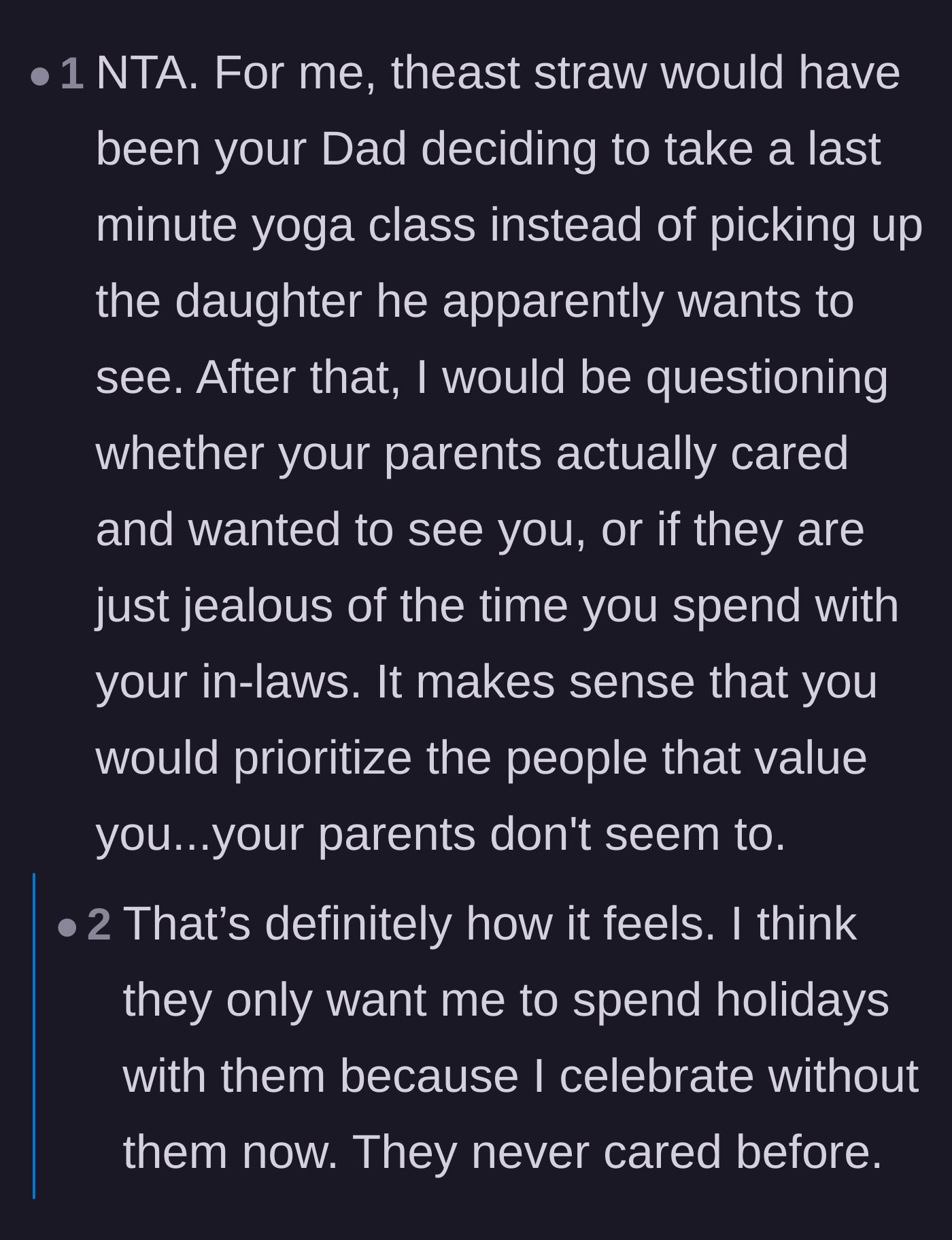 Comment thread 5 - A reader pointing out that the parents' sudden interest is likely just jealousy over the in-laws' relationship with the author.