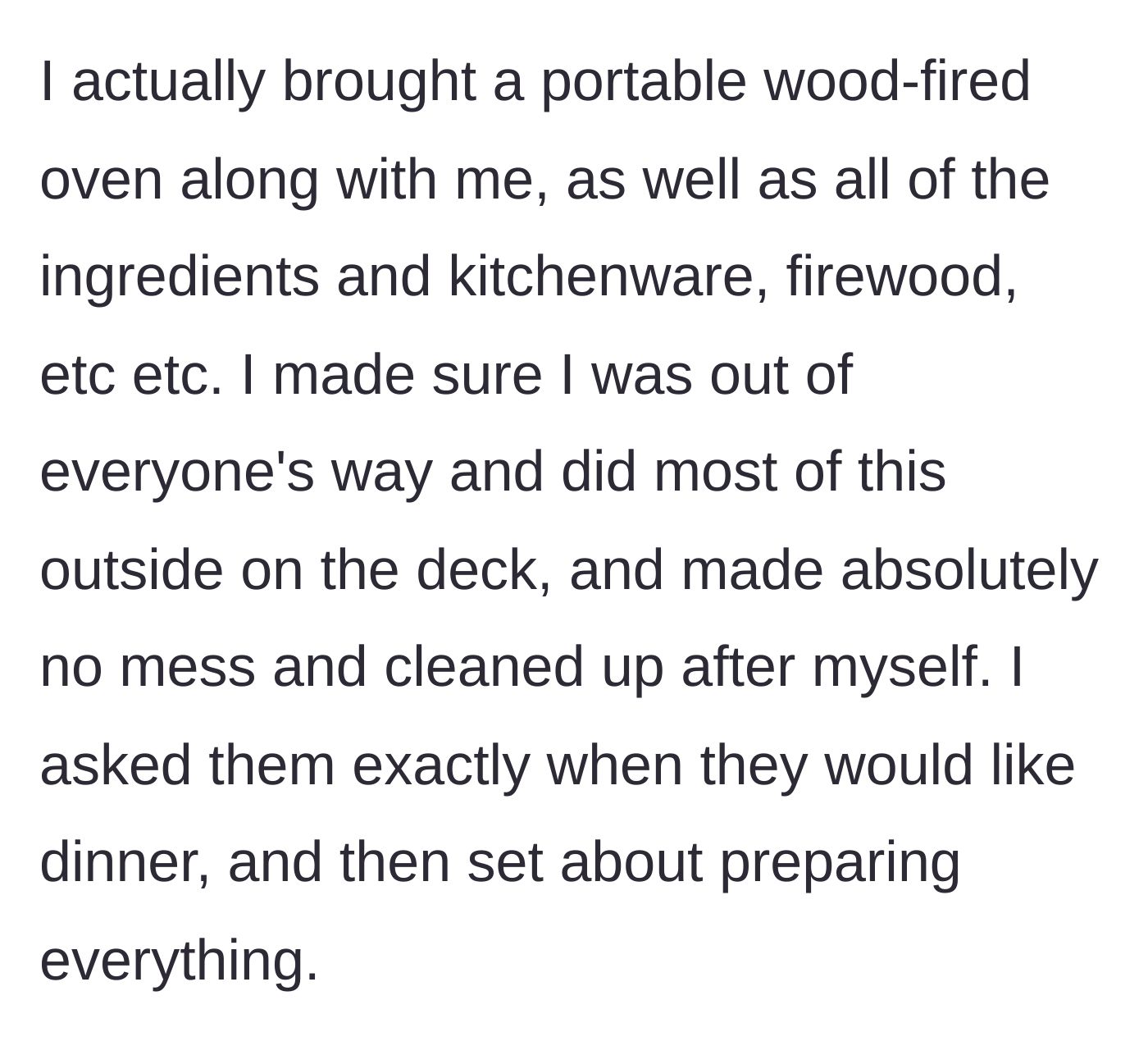Story part 3 - Boyfriend sets up a full portable wood-fired pizza oven on the deck, carefully staying out of the way and confirming the dinner time.