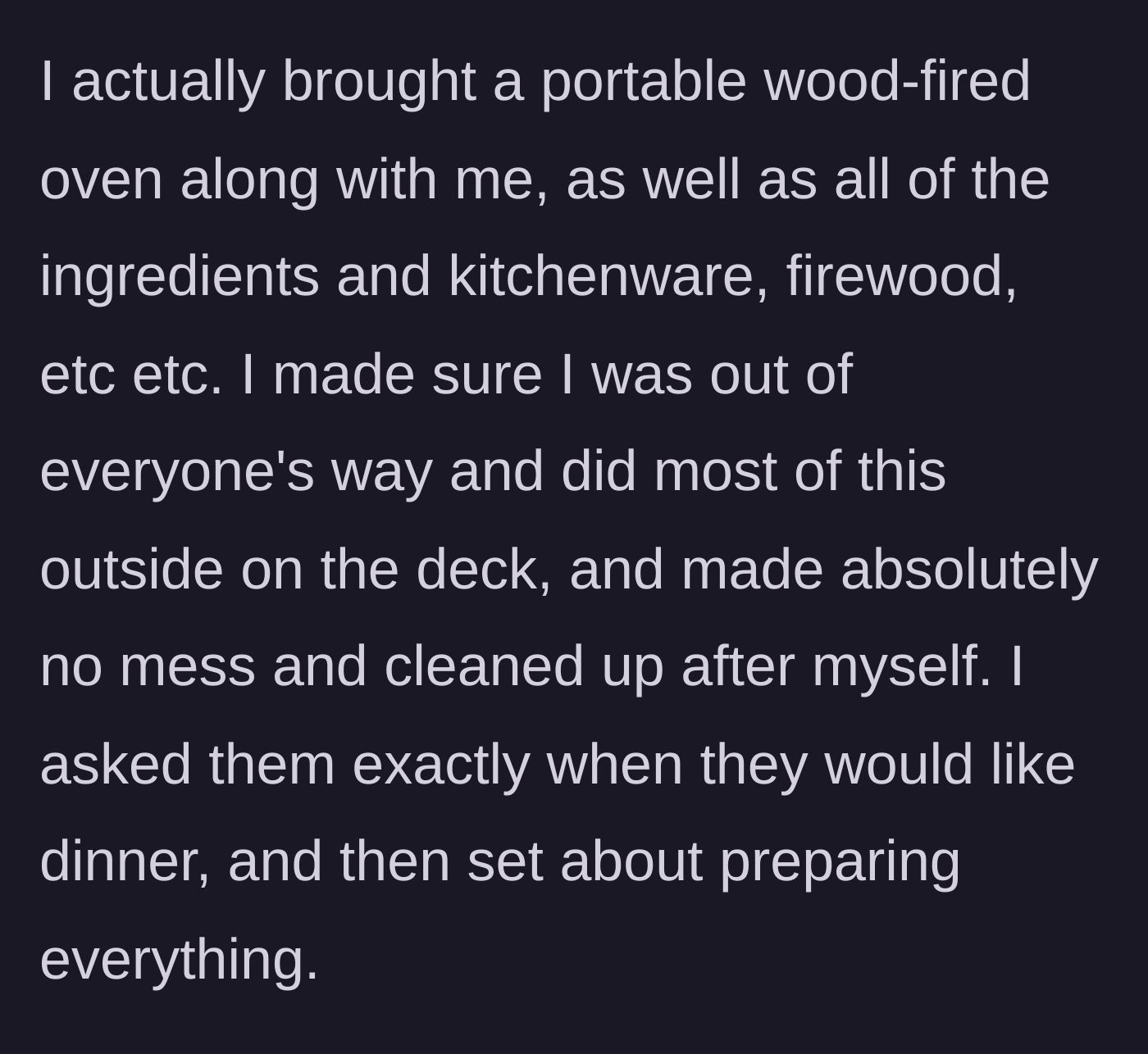 Story part 3 - Boyfriend sets up a full portable wood-fired pizza oven on the deck, carefully staying out of the way and confirming the dinner time.