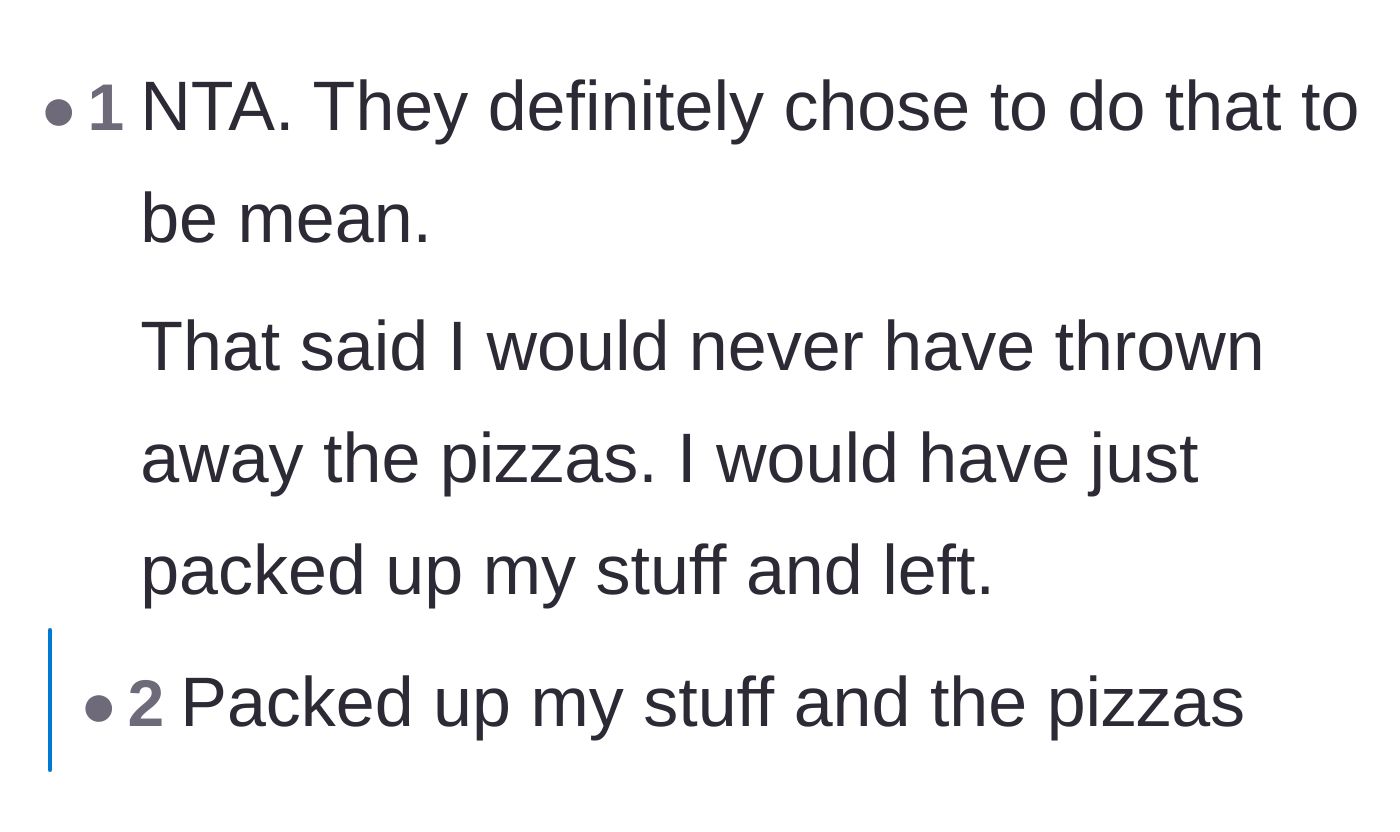 Comment thread 1 - Readers agreeing the in-laws were deliberately cruel but debating if taking the pizza home would have been a better move.