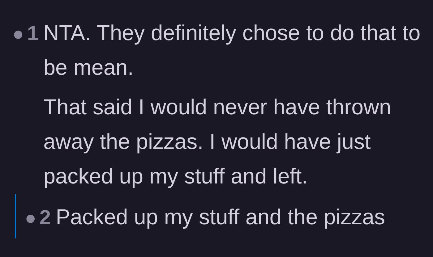 Comment thread 1 - Readers agreeing the in-laws were deliberately cruel but debating if taking the pizza home would have been a better move.