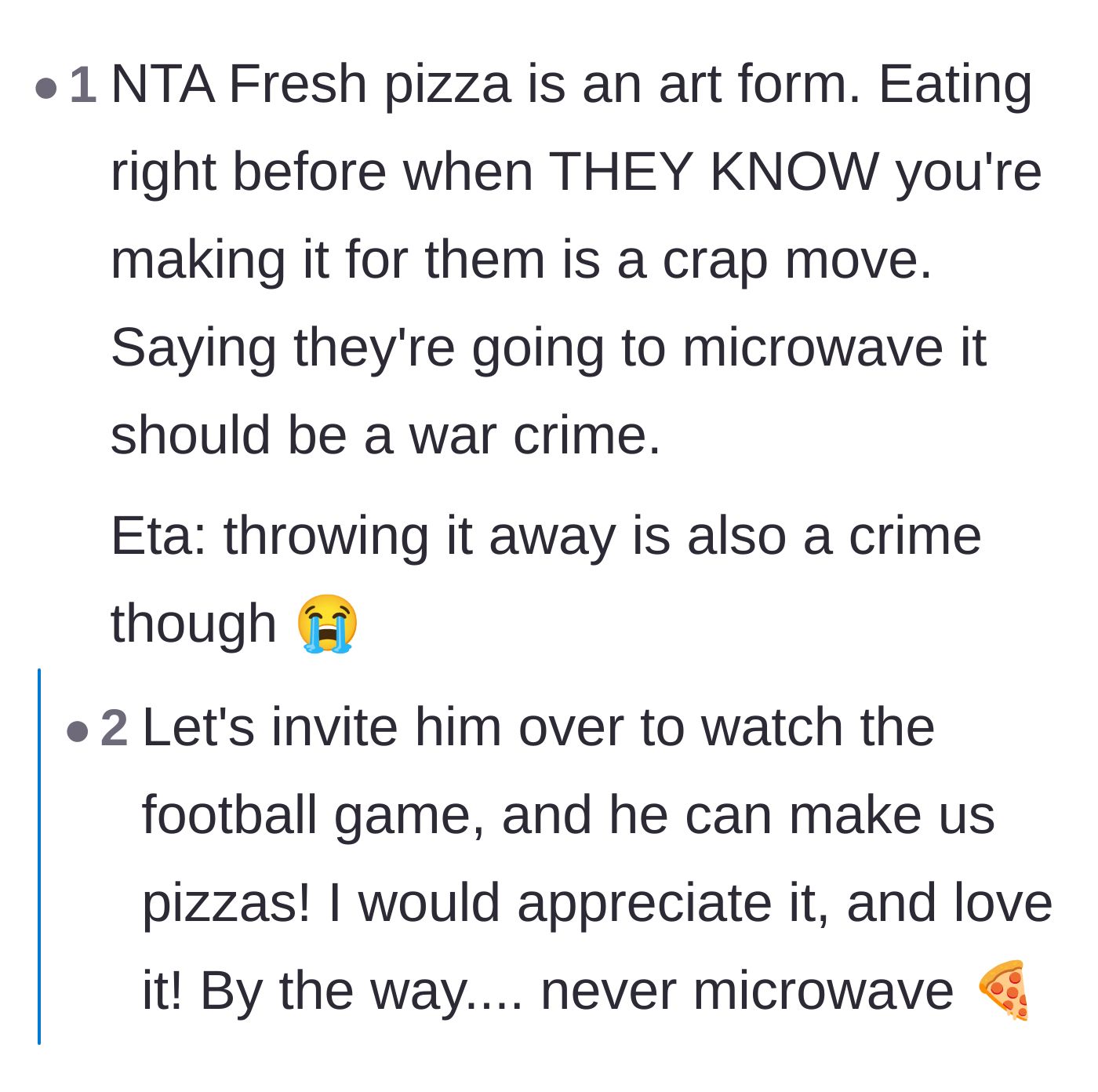 Comment thread 2 - A discussion on the utter disrespect of microwaving fresh, artisan pizza and the tragedy of throwing it out.