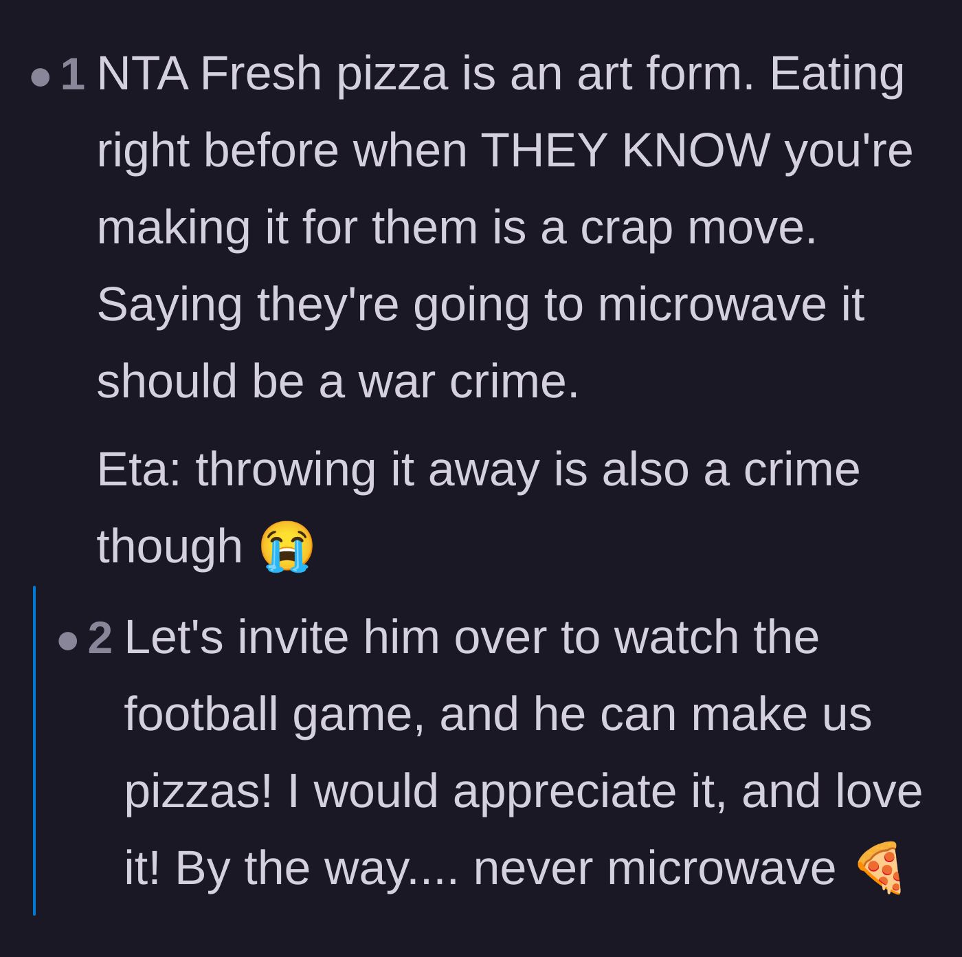 Comment thread 2 - A discussion on the utter disrespect of microwaving fresh, artisan pizza and the tragedy of throwing it out.