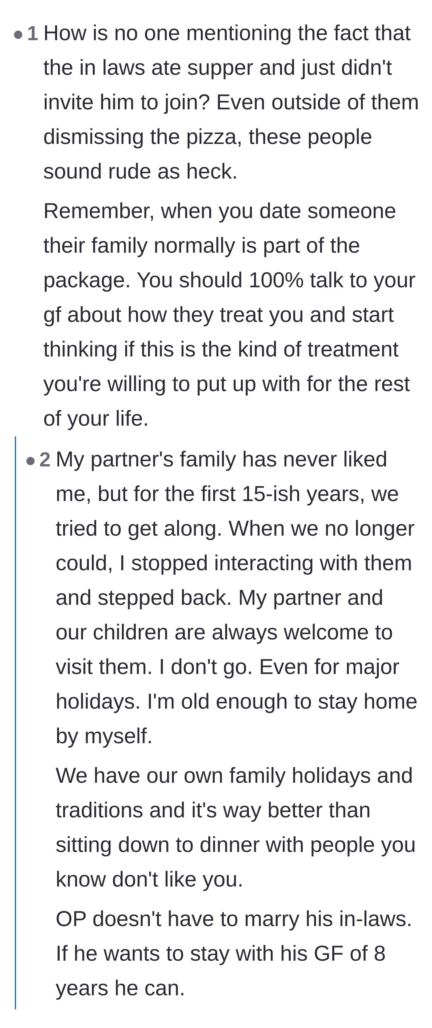 Comment thread 3 - Readers pointing out the sheer rudeness of the in-laws eating without the boyfriend and sharing their own stories of ghosting toxic in-laws.