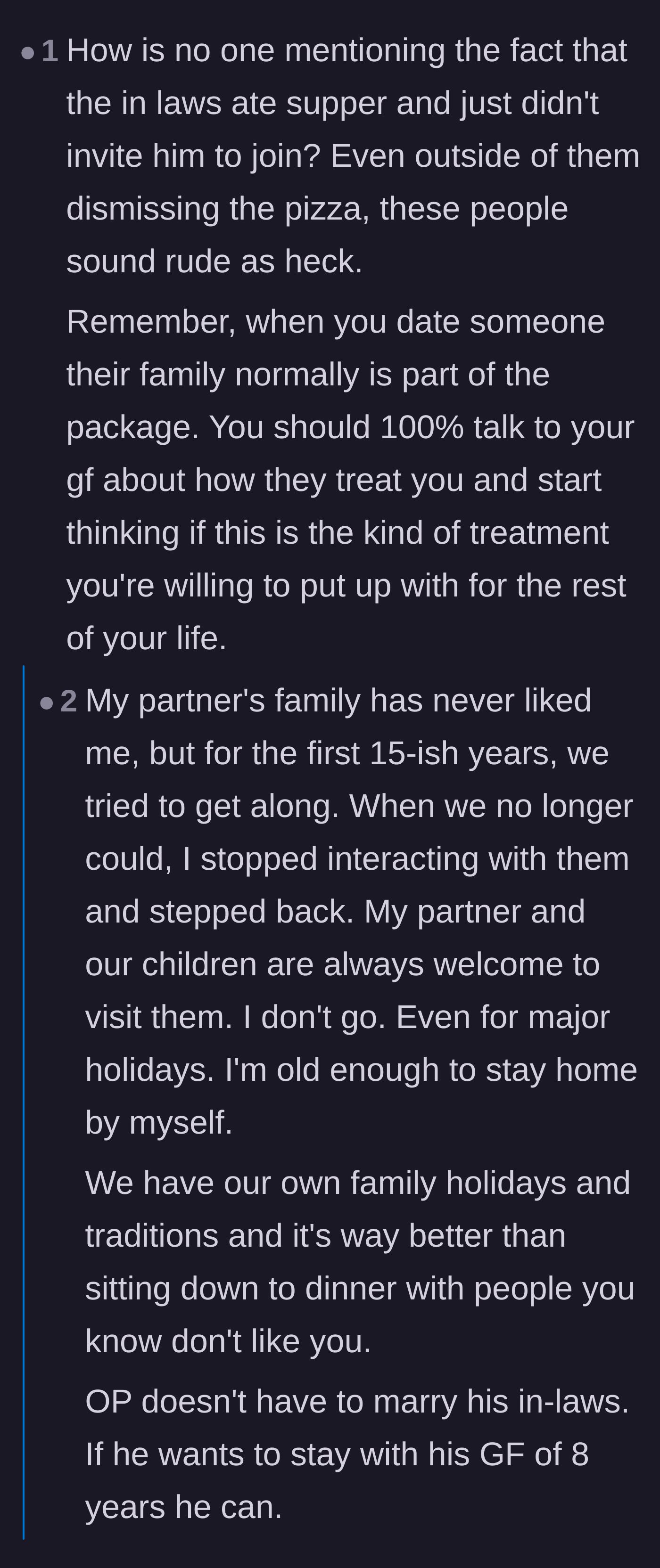 Comment thread 3 - Readers pointing out the sheer rudeness of the in-laws eating without the boyfriend and sharing their own stories of ghosting toxic in-laws.