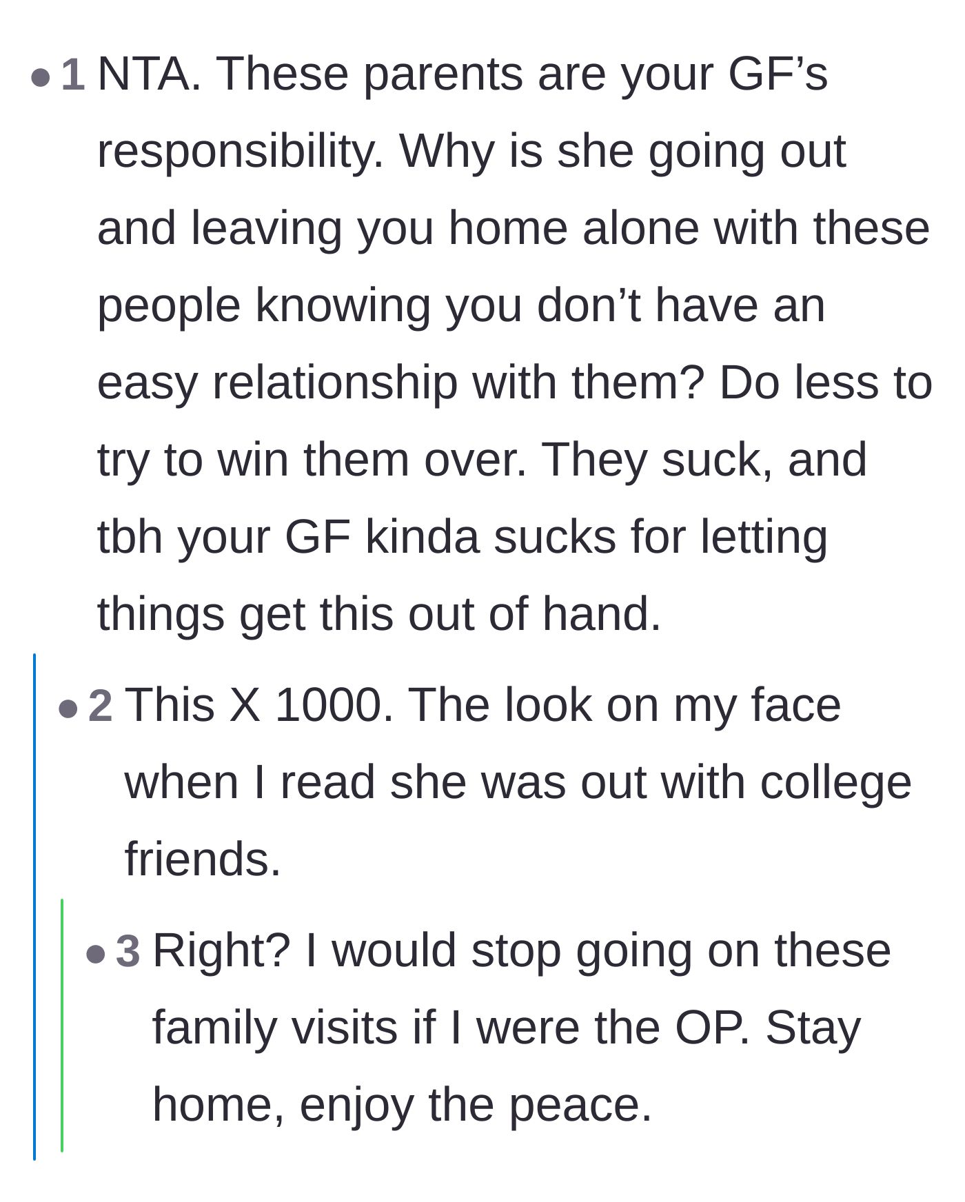 Comment thread 4 - People calling out the girlfriend for abandoning her boyfriend with her hostile parents during the visit.