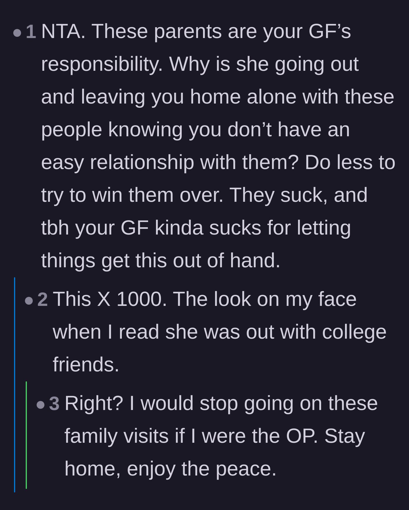 Comment thread 4 - People calling out the girlfriend for abandoning her boyfriend with her hostile parents during the visit.
