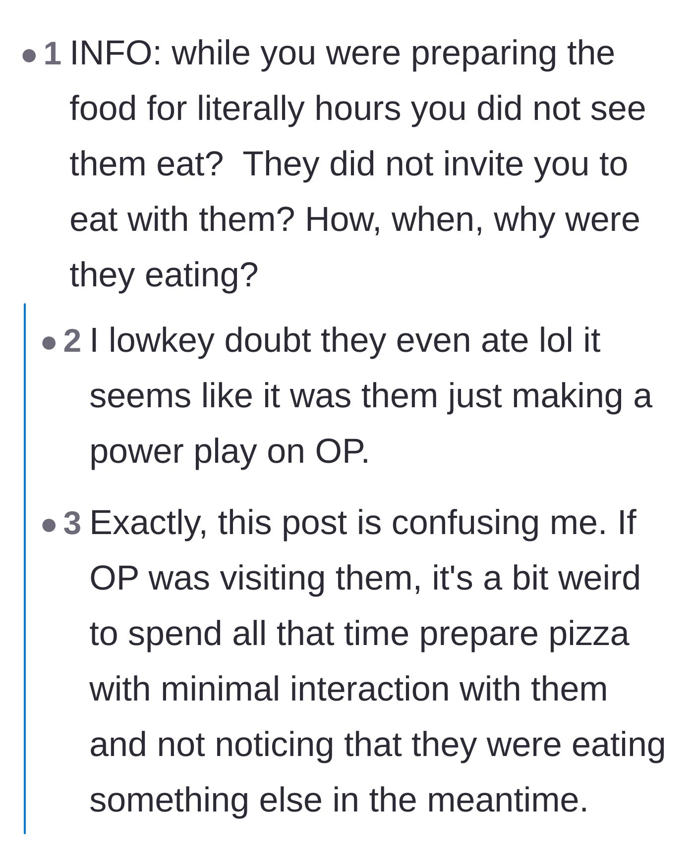 Comment thread 6 - Sleuths questioning the logistics of the in-laws eating a secret dinner and speculating it was entirely a psychological power play.
