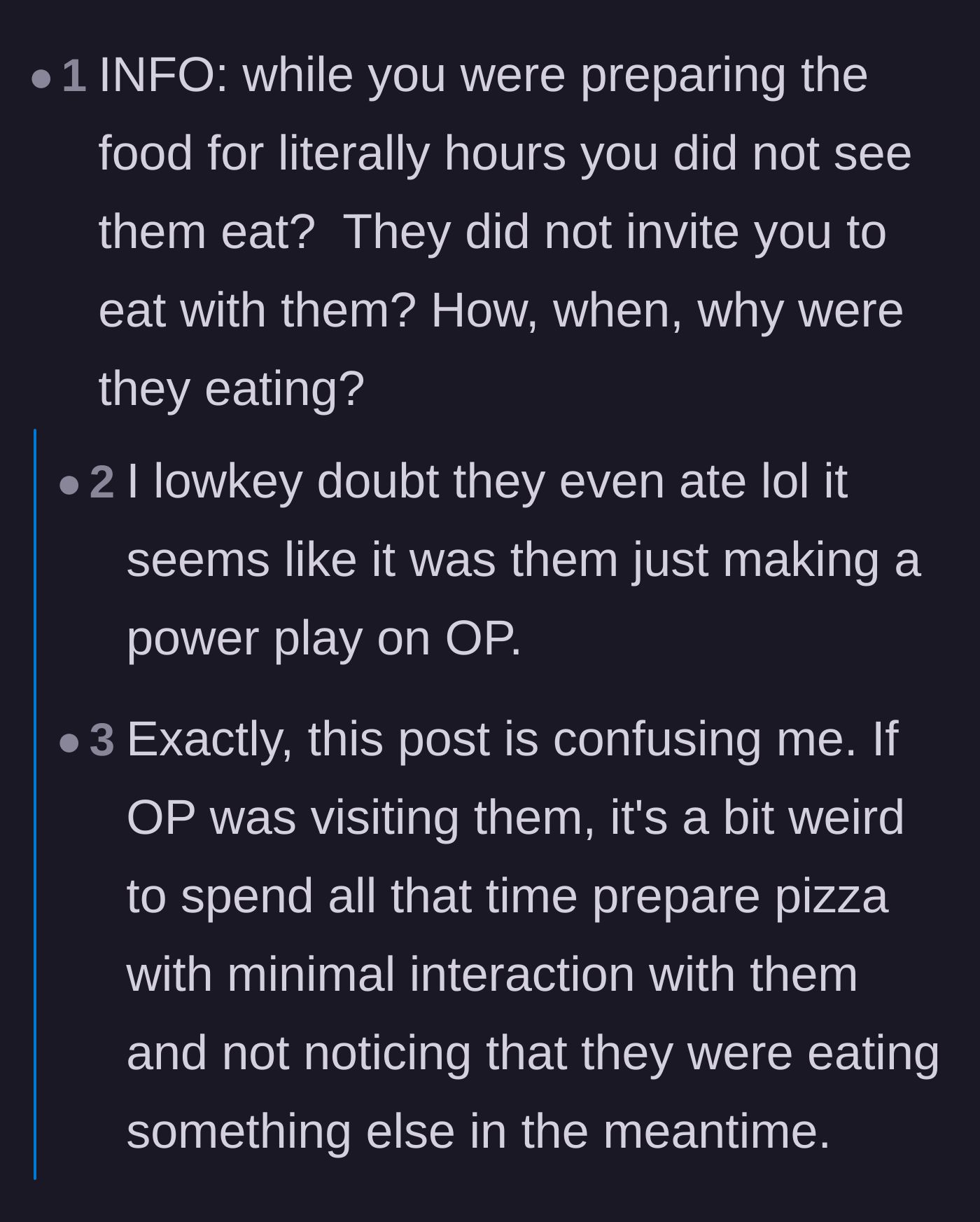 Comment thread 6 - Sleuths questioning the logistics of the in-laws eating a secret dinner and speculating it was entirely a psychological power play.