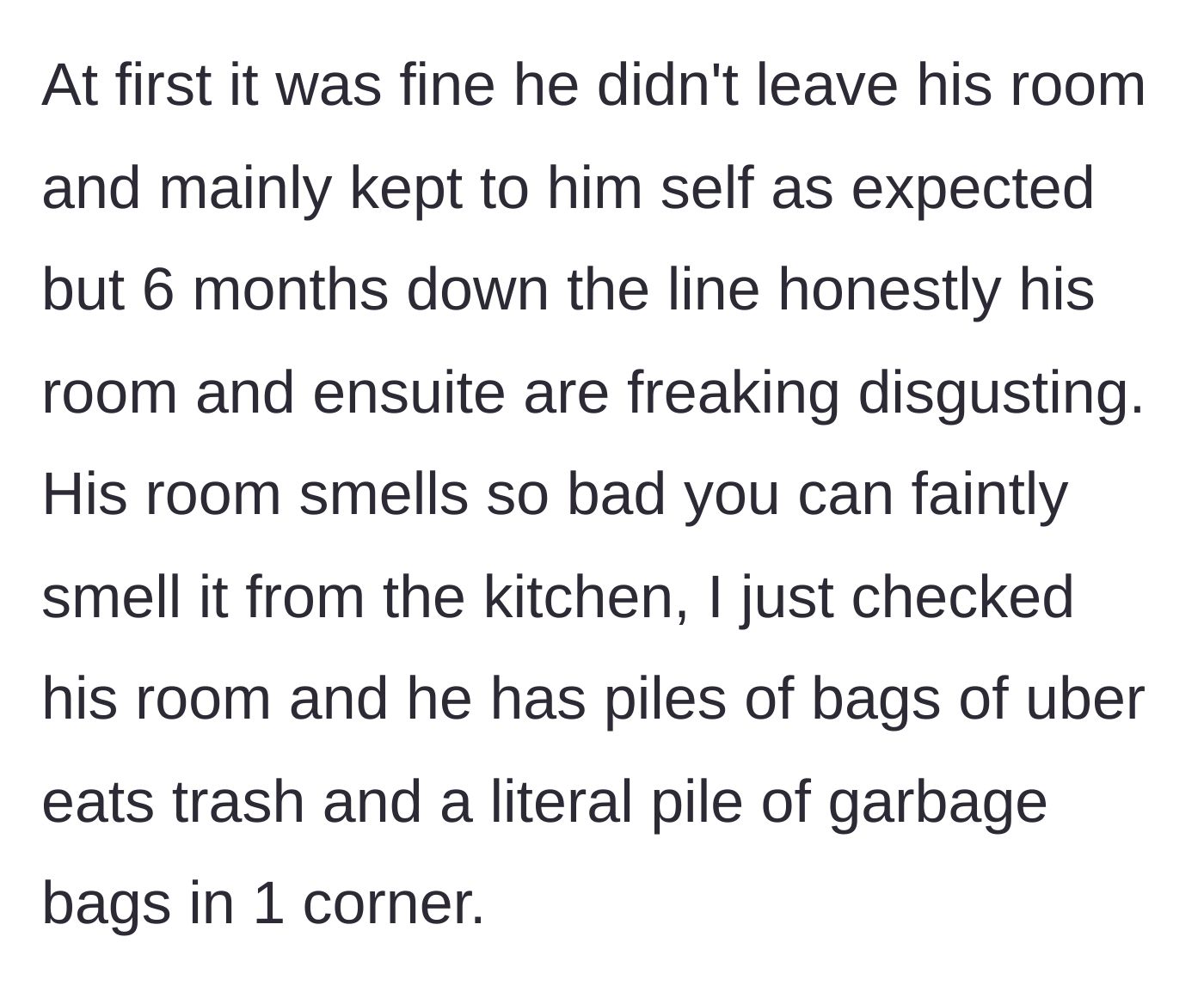 Story part 2 - Text detailing a bedroom filled with rotting takeout bags and garbage.