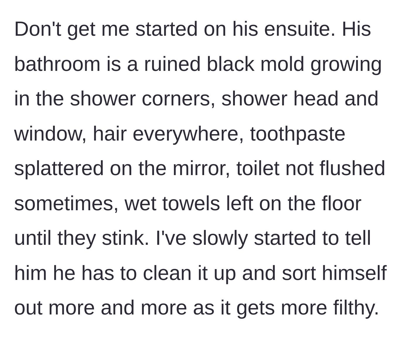 Story part 3 - Text describing a mold-infested bathroom with wet towels and an unflushed toilet.