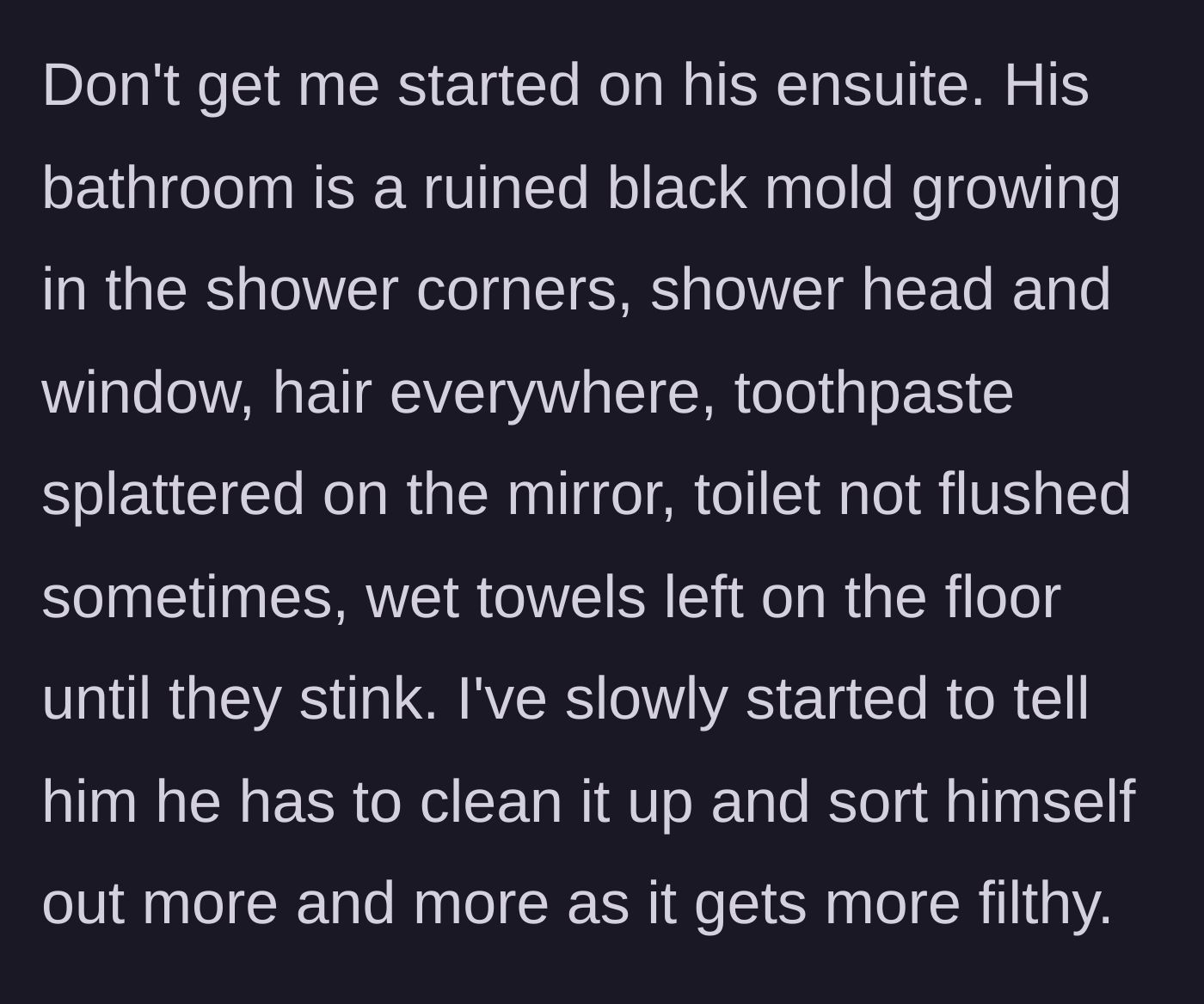 Story part 3 - Text describing a mold-infested bathroom with wet towels and an unflushed toilet.