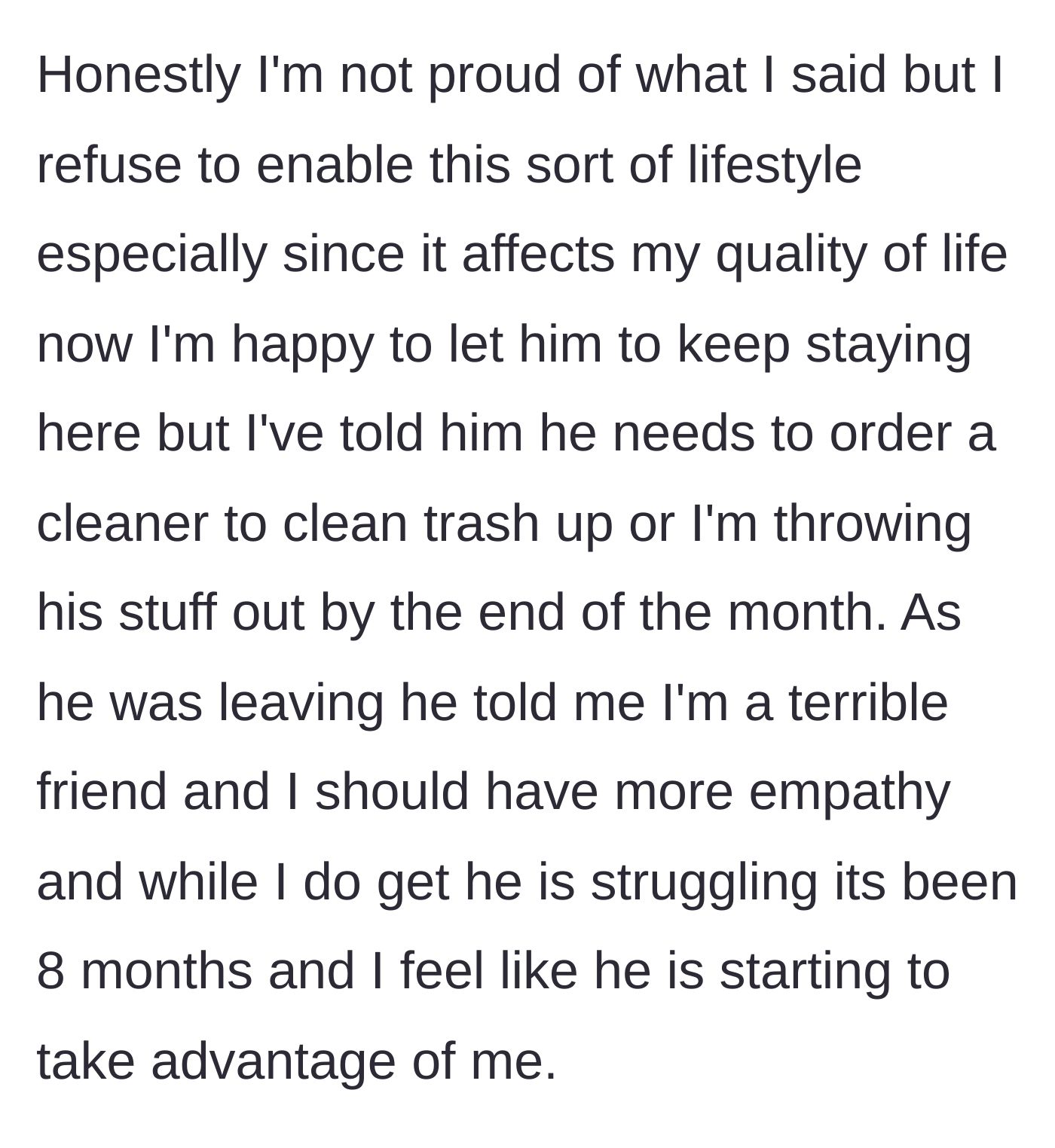 Story part 5 - Text explaining the host's final ultimatum for a professional cleaner and the friend's accusation of lacking empathy.